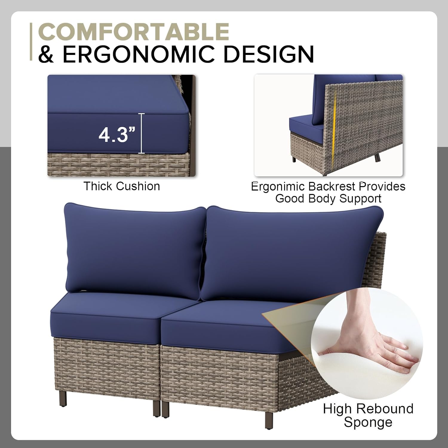 COOS BAY Aurora Terrace Outdoor Wicker Sectional Curved Sofa Set, Modular Patio Seating with Cushions, 4 Seat Balcony Furniture, All Weather Rattan, Beige/Blue