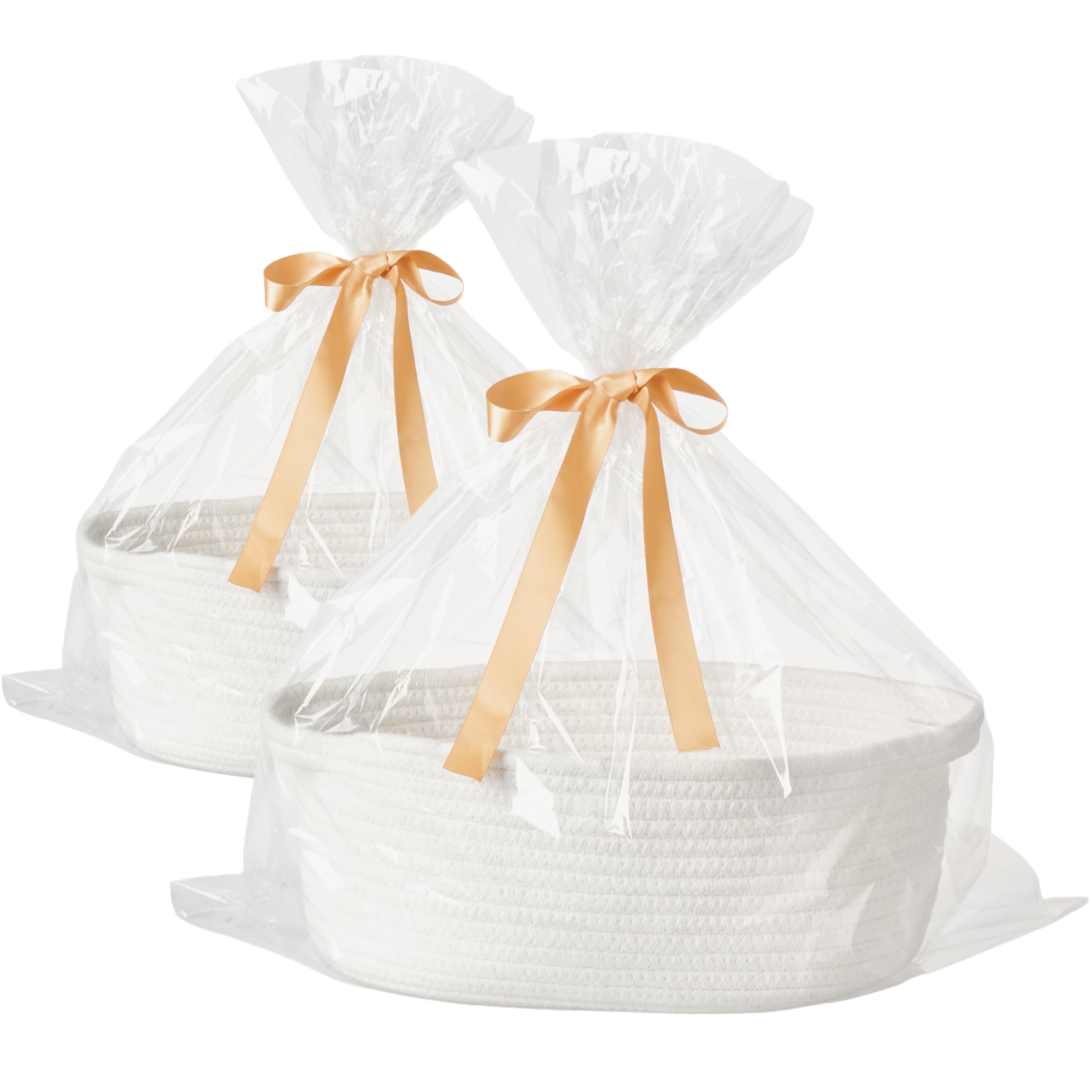 Gift Basket with Wrap Bag & Ribbon – Empty Small Woven Basket (12"x8"x5"), Cute Decorative Storage Organizer for Baby Showers, Pets, Toys, Shelves and More – White, 2 Packs-image-0