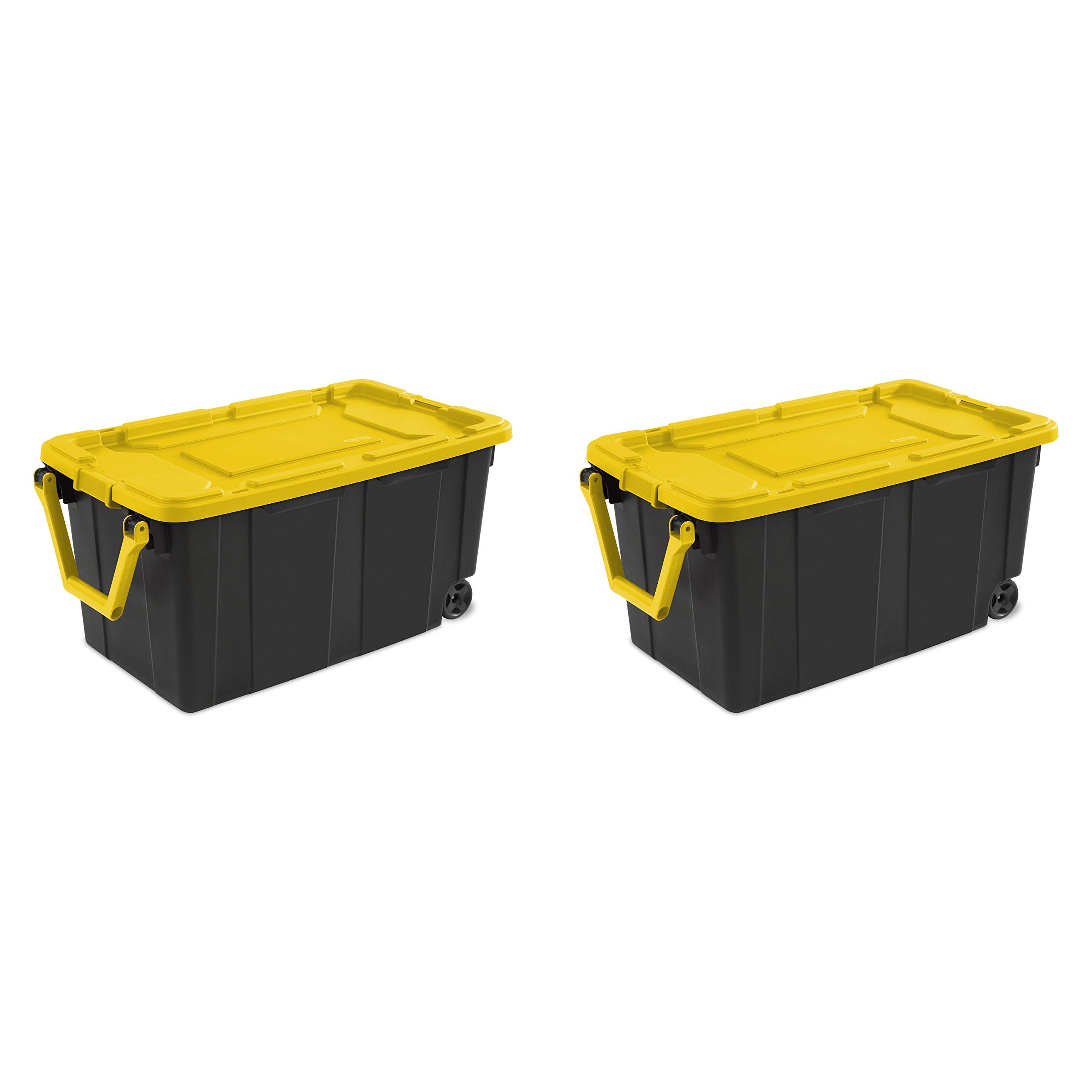 STERILITE 14699002 40 Gallon/151 Liter Wheeled Industrial Tote, Yellow Lid & Black Base w/Yellow Handle & Latches, 2-Pack (Yellow Lily)