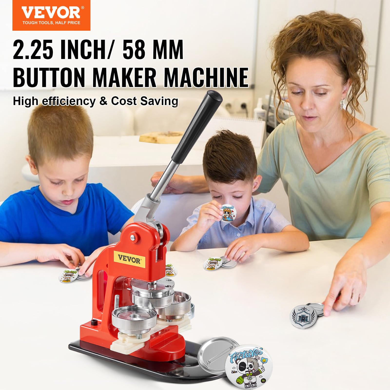 VEVOR Buttonmaschine Knopfmachermaschine 58 mm, Badge Punch Press 500 Stk. Blechdeckel, DIY Badge Press Machine Abzeichen Button Maker, 250 Stk. Kunststoffunterteile + 250 Eisenunterteile Badge Maker