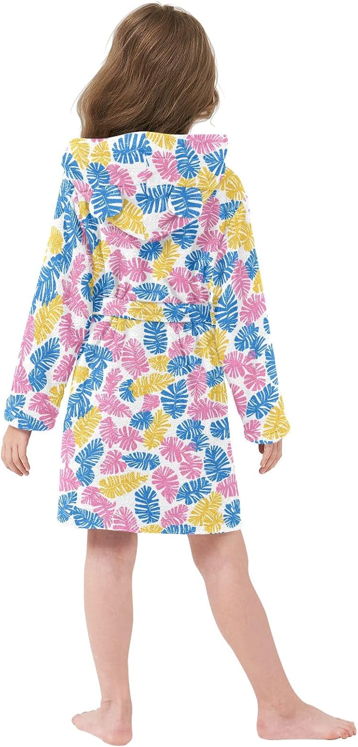 Colorful Monstera Pattern Toddler Hooded Bathrobe for Boys Girls Soft Plush Bath Towel Robe 2-12 Years