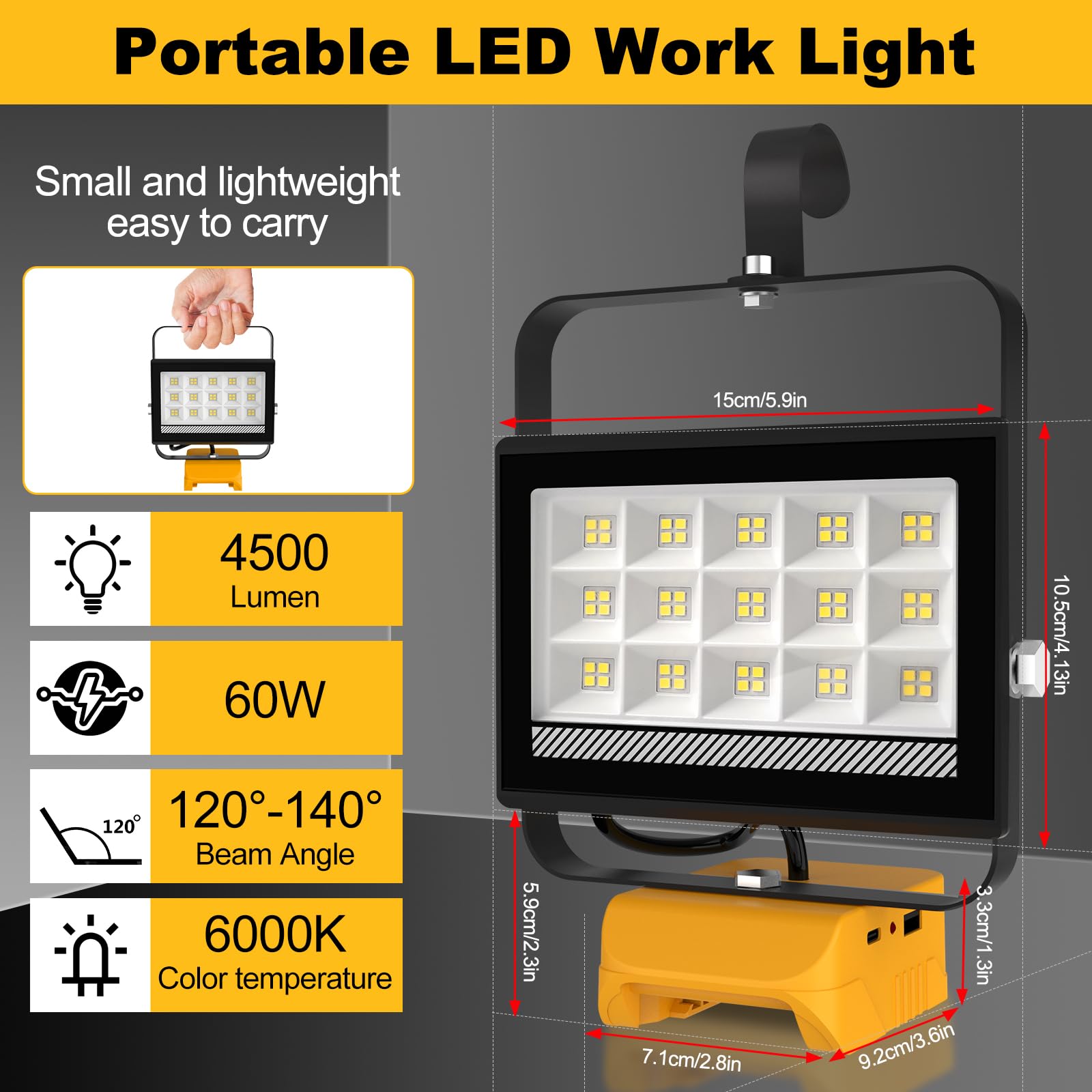 T-SUN Projecteur de Chantier, 60W Projecteur LED Rechargeable Compatible avec Dewalt Batterie, 4500LM Lampes de Travail Portable Pour l'atelier, Camping, Réparations, Chantier (Sans Batterie)