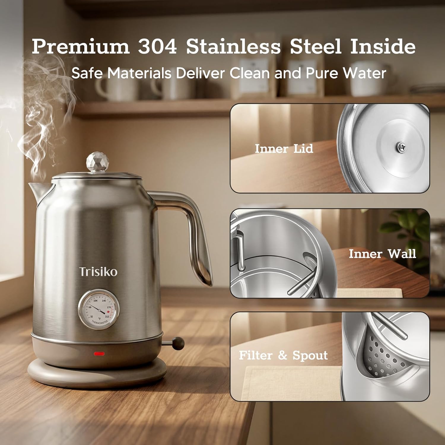 Trisiko® 1.7L Large Electric Kettle with Thermometer,57.oz Electric Tea kettle with Automatically Shut Off,304 Stainless Steel,1200W Hot Water Kettle Electric for Coffee&Tea (Chrome)