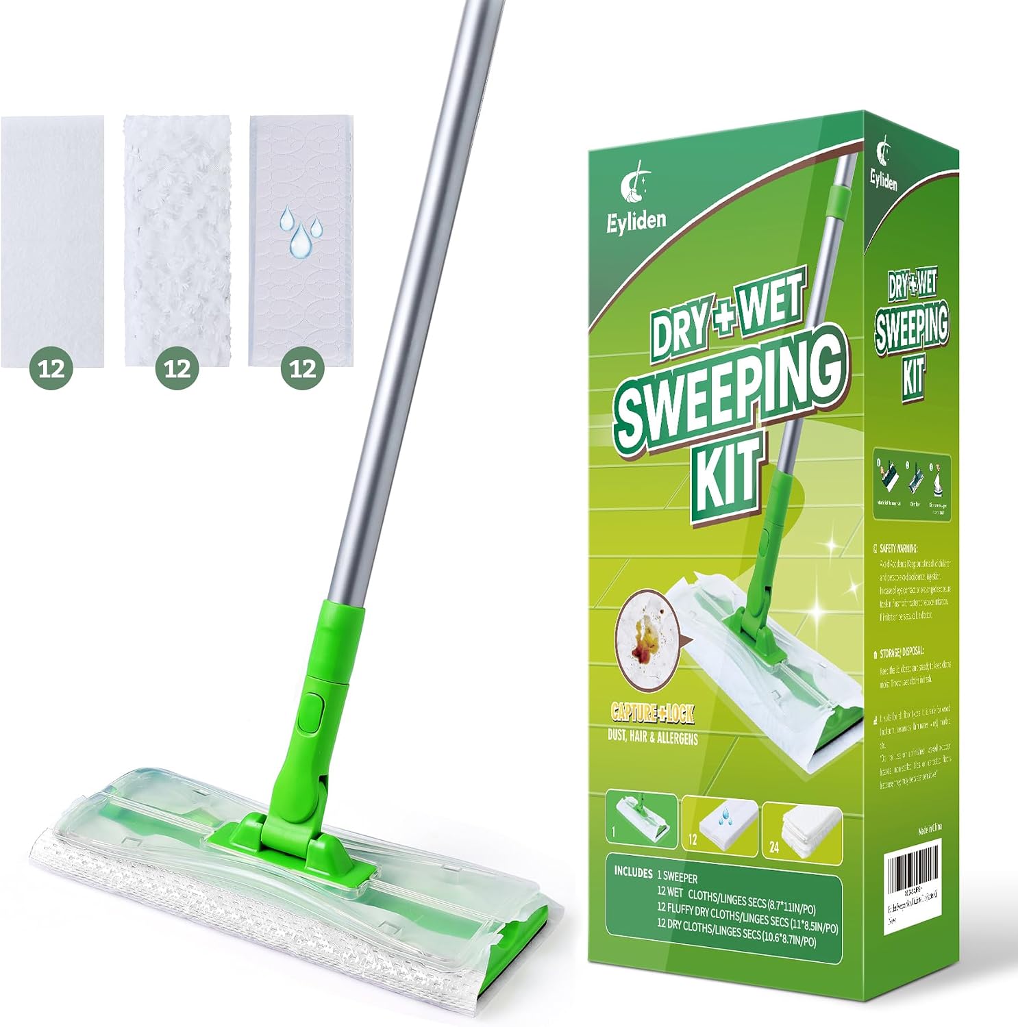 Sweeper Mop with 36 Refills - 3 Types of Disposable Dry & Wet Cloths | Lock-Tight Design No Lost Pads, Universal Refills, Multi-Surface Sweeping Starter Kit for Pet Hair, Dust, Floor Cleaning