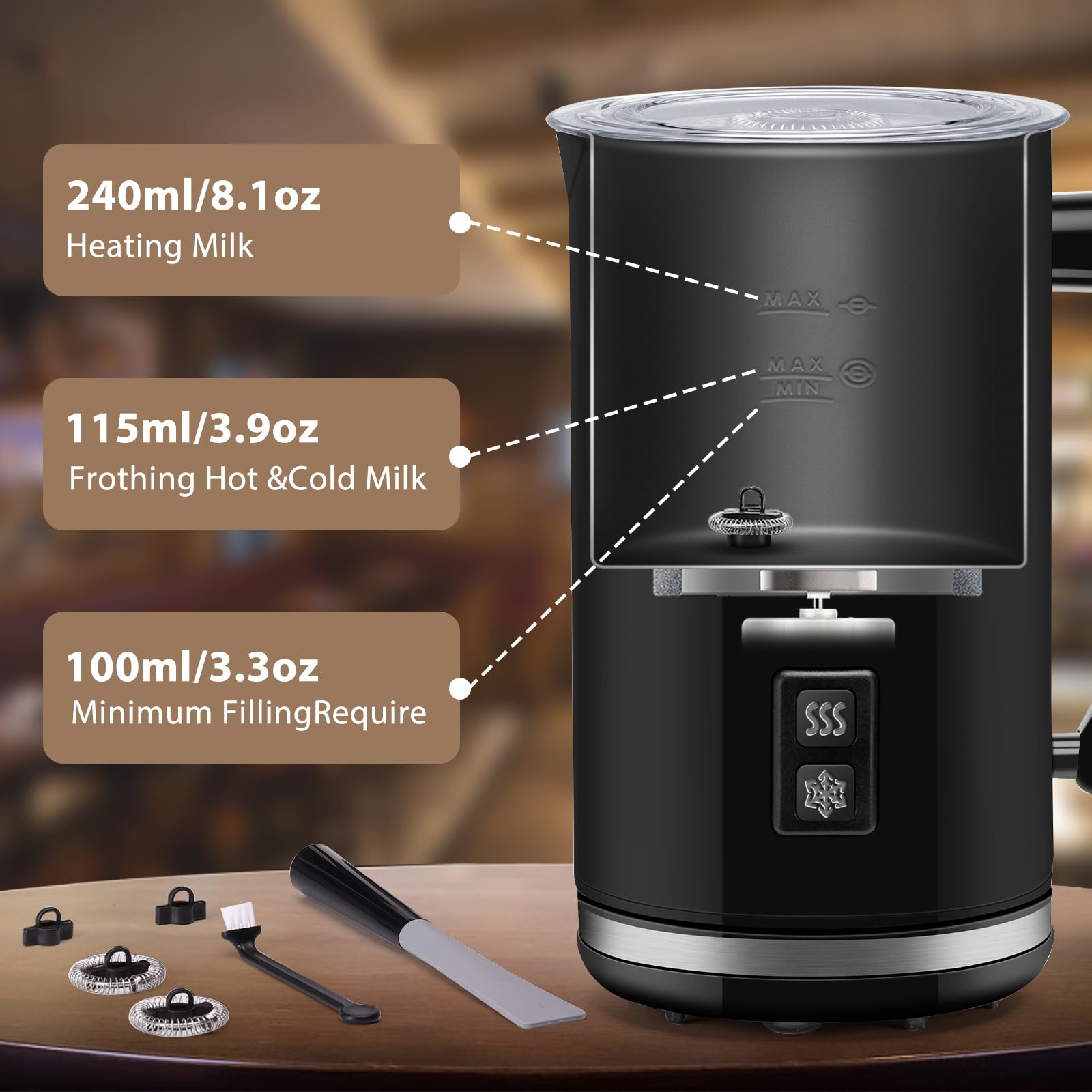 Aigostar Capu - Montalatte Elettrico 500W 240mL, Cappuccinatore Silenzioso 3 in 1 Montalatte Automatico per schiuma di latte caldo e freddo,Rivestimento Antiaderente, per Caffè, Latte, Cappuccino