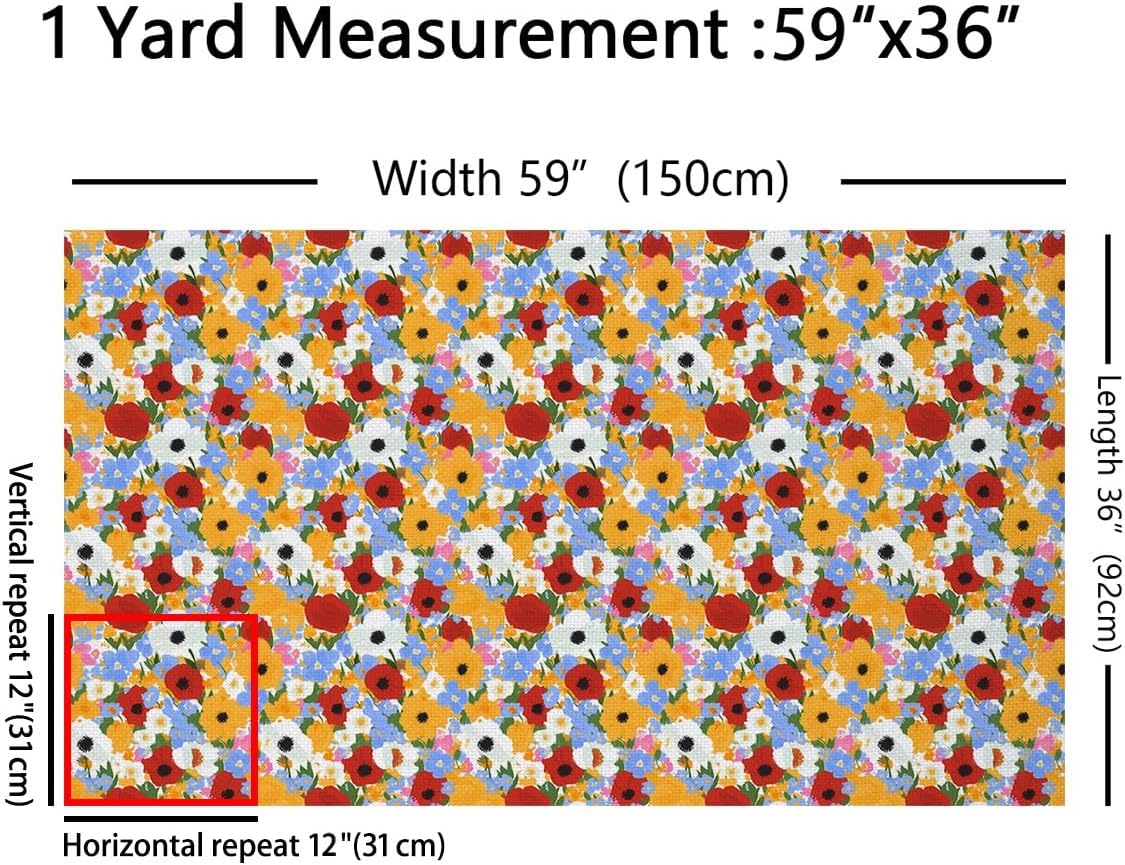 Colorful Flower Waterproof Fabric by The Yard Watercolor Hand Drawn Print Decorative Fabric for Upholstery and Home DIY Projects Vintage Blooming Floral Outdoor Upholstery Fabric,3 Yard