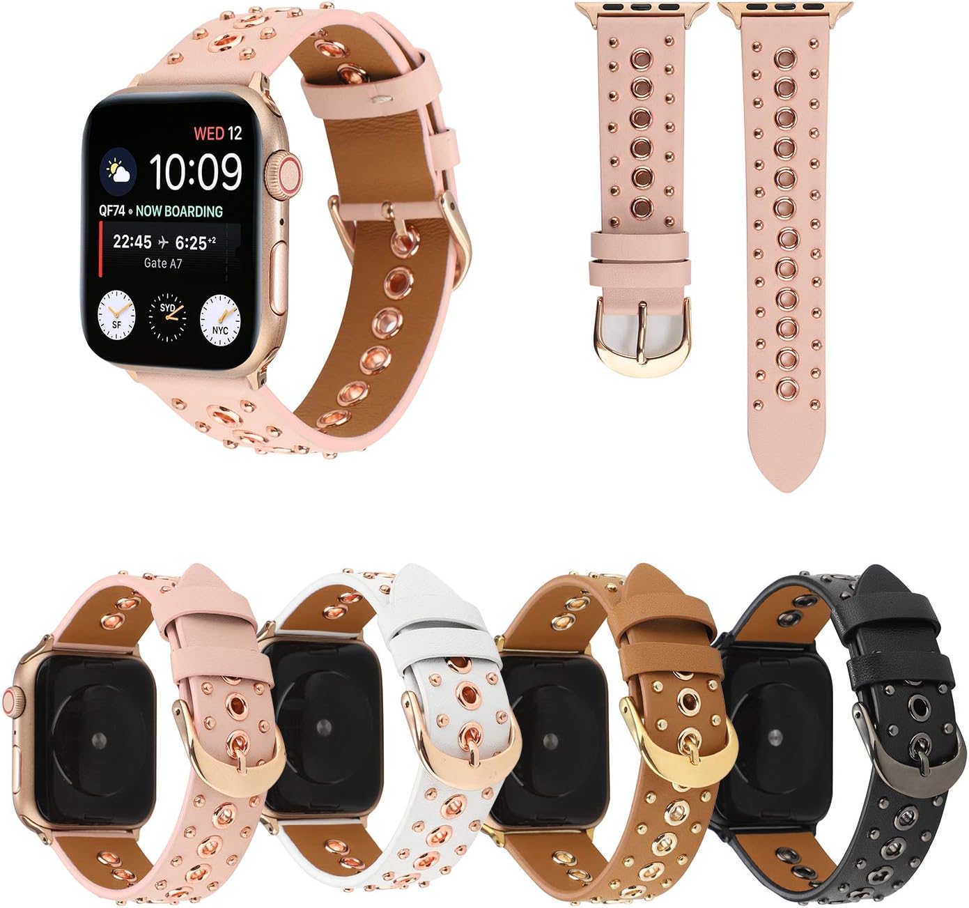 Leather Bands Compatible with Apple Watch Strap 40mm 44mm Series SE 6 5 4 38mm 42mm Series 3 2 1, Women Men Genuine Leather Rivet Sport Wristband Replacement Strap Bracelet Bangle