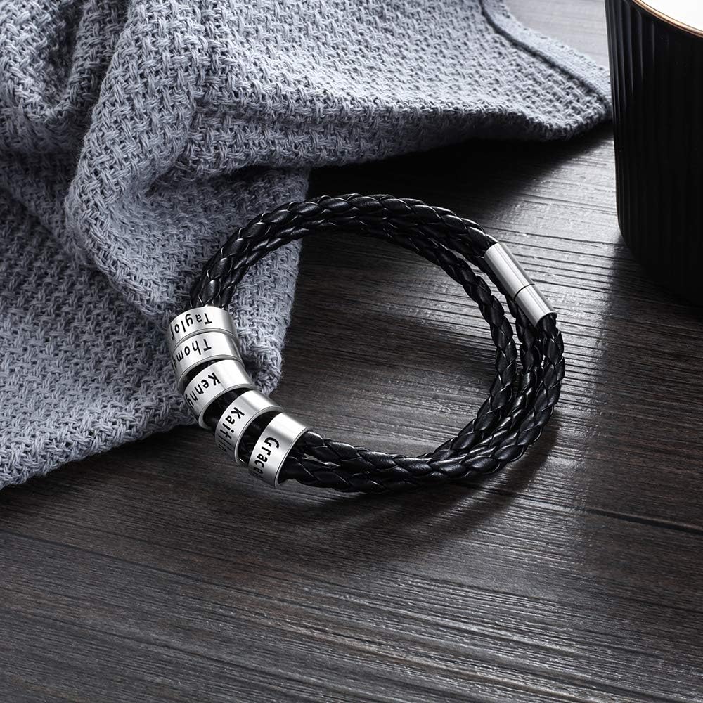 Father's Day Gifts Personalized Mens Bracelet Custom Name Bracelet for Dad Black Braid Leather Custom Beads Men's ID Bracelet Father Day Gifts from Daughter