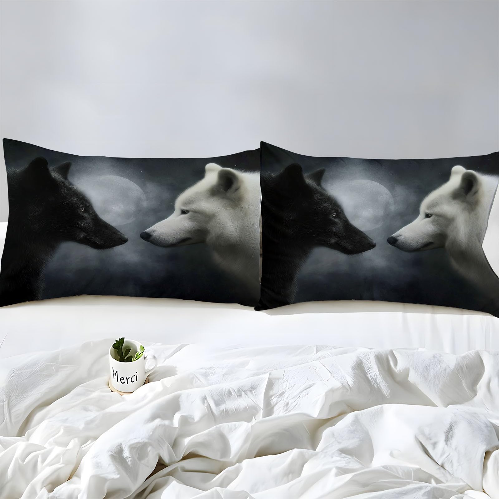 Prześcieradło Fantazyjne Styl Czarny Wilk Biały Pies Zestaw Łóżek, Czarna Prześcieradło Prześcieradło 150 x 200 cm Prześcieradło z mikrofibry Elastyczne prześcieradło 30 cm Kieszeń dla dziewczynek i