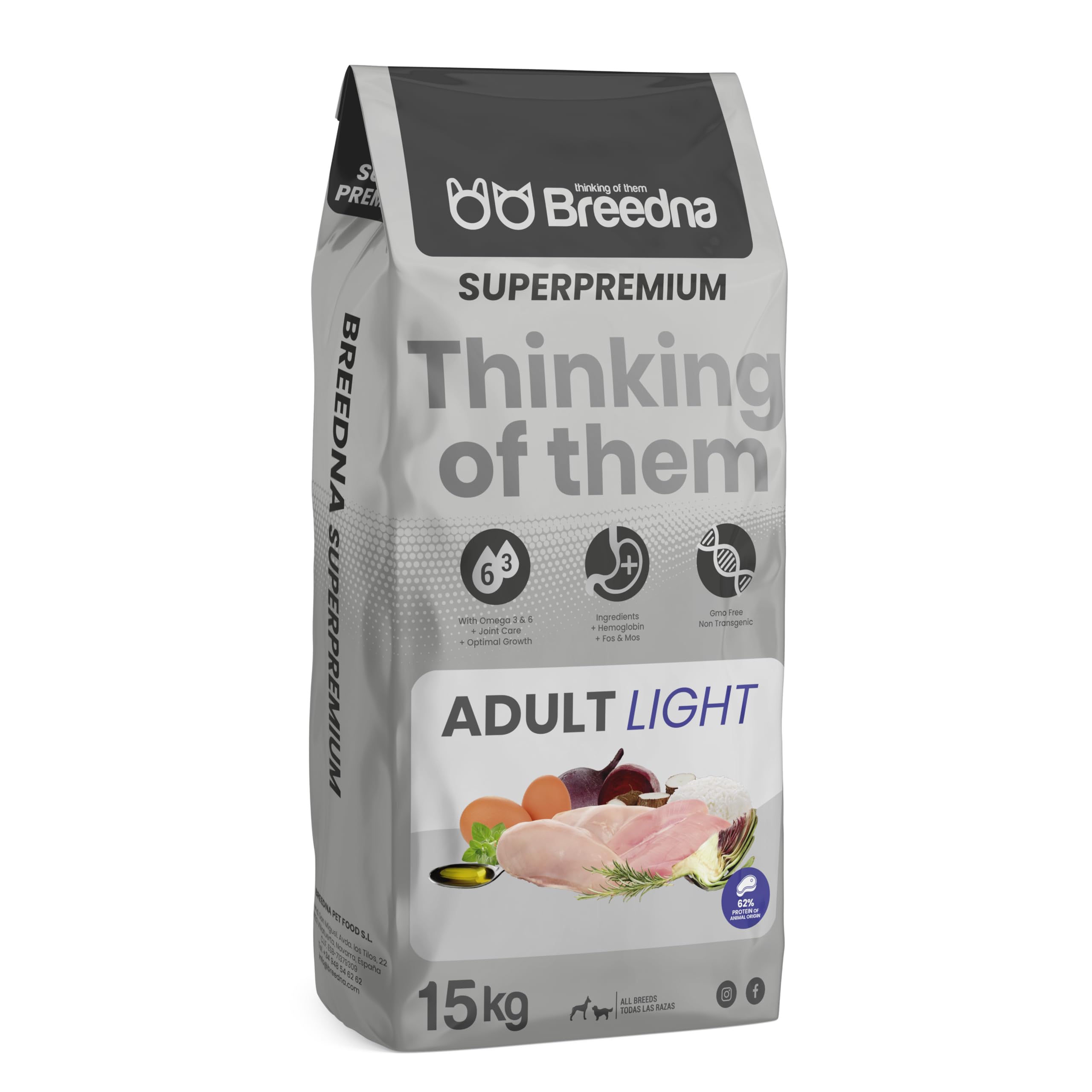 BREEDNA - Adult Light 15kg | Pienso para Perros con Carne de Pollo y Pavo | Ideal para Control de Peso | Perros Adultos y Mayores con Antioxidantes