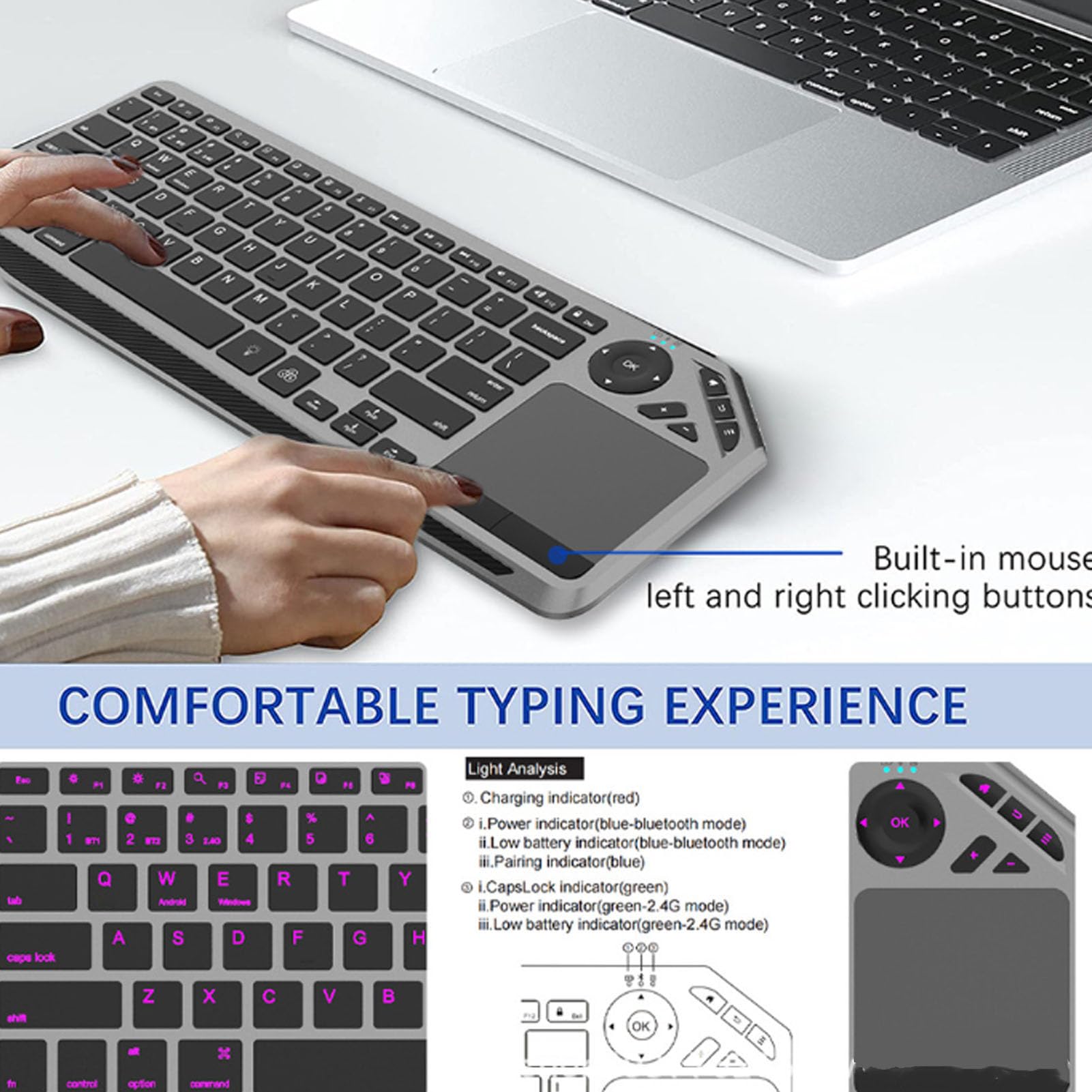 Klawiatura WL Touch TV z łatwym Sterowaniem Multimediowym Skrótem i Wbudowanym w Touchpad, 2,4G WL Bluetooth Touch Ceyboard dla Tabletu Laptopa, 7 Kolorowe Podświetlenie