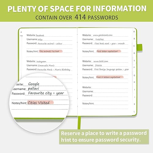 Vista 56 de Libro de contraseñas con pestañas alfabéticas, protector de contraseñas de tapa dura, organizador de cuadernos de contraseñas para computadora