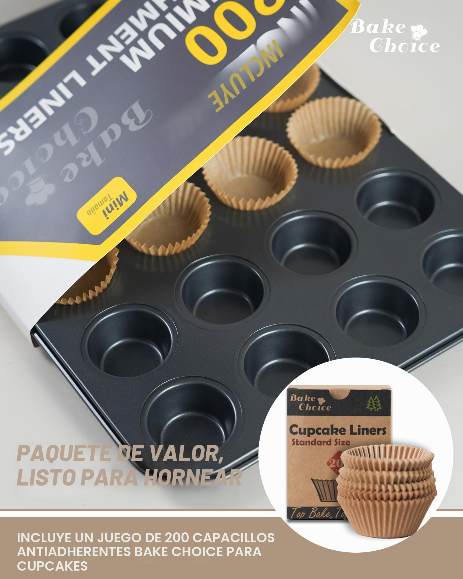 Bake Choice Mini Molde para Magdalenas 24 Tazas,Incluye 200 Piezas Mini Moldes Magdalenas Papel,acero al Carbono Antiadherente,para Fiestas & Hogar & Hornear