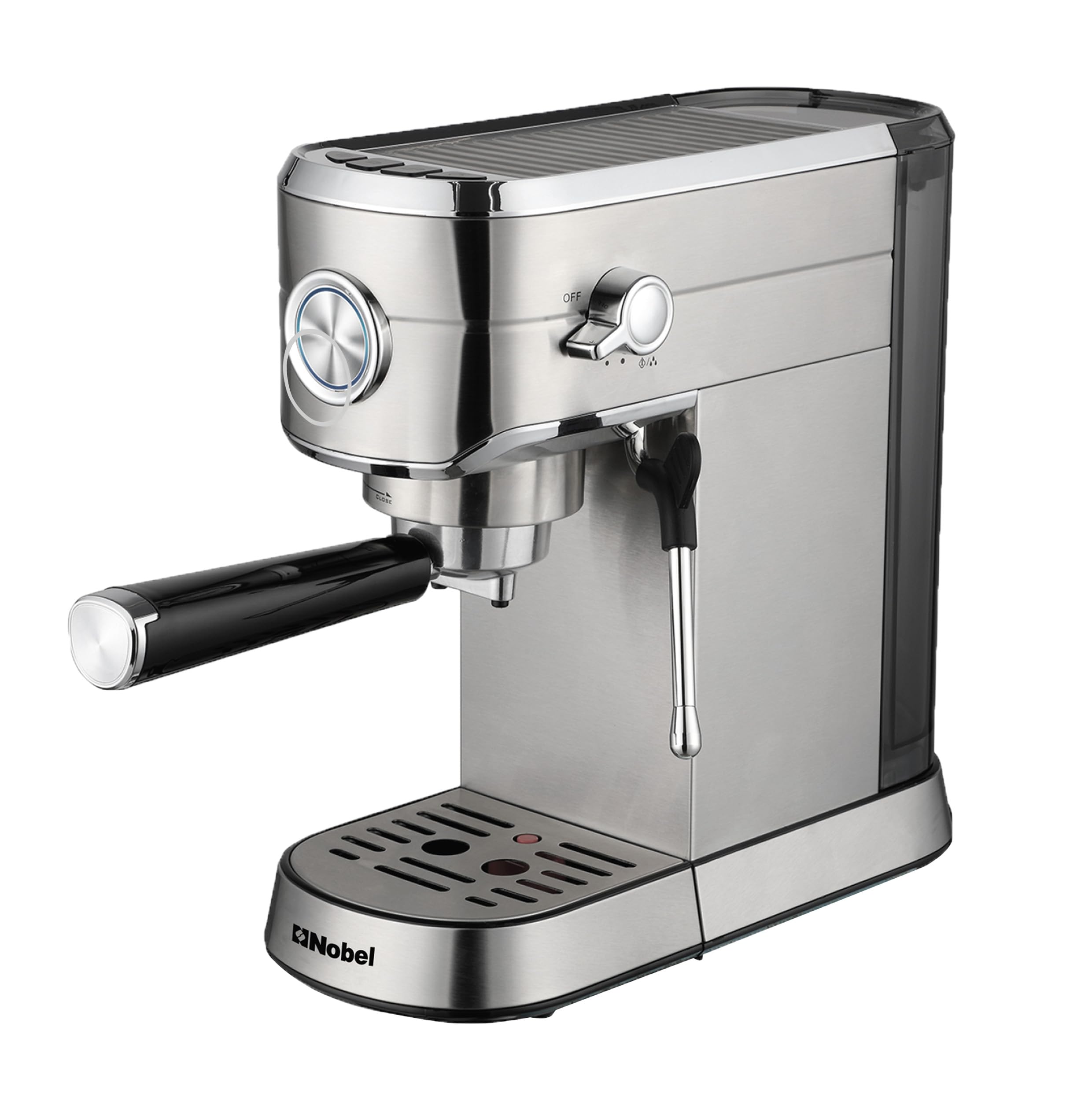 Nobel 1 Litrr Detachable Transparent Water Tank Coffee Machine with 15-Bar Professional Pressure, Espresso Automatic Dispenses With Cappuccino High Pressure NCM15 Silver 1 Year Warranty