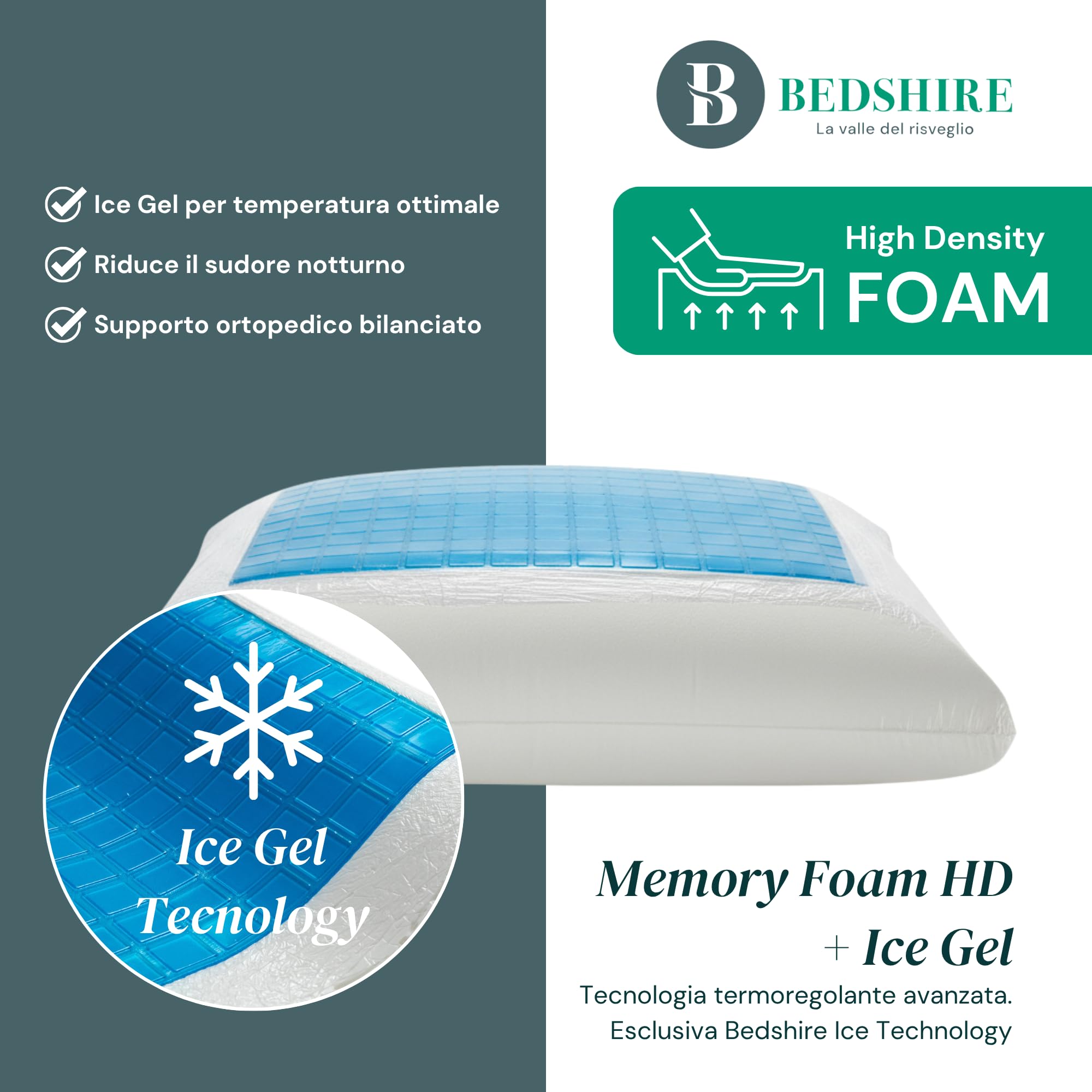 Bedshire Pillow - Almohada cervical para dormir, ortopédica, refrescante, almohada con espuma viscoelástica HD, funda de algodón con gel termorregulador desenfundable de 13 cm de altura, fabricada en
