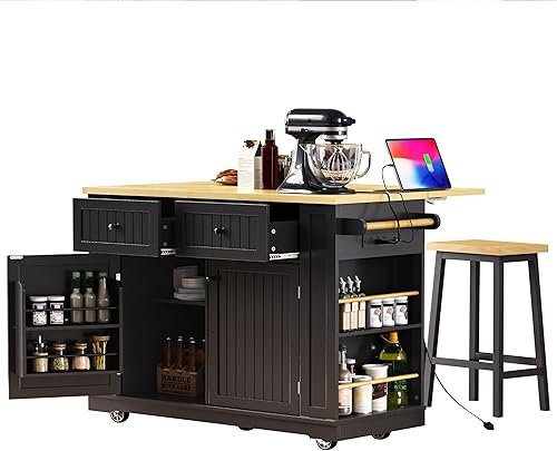 Carrito de isla de cocina con toma de corriente, isla de cocina rodante sobre ruedas con estantes ajustables, mesa de cocina de isla con hoja caída,