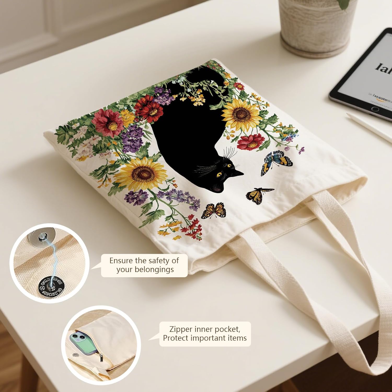 Aesthetic Canvas Tote Bag for Women - with Magnetic Snap Closure & Zipper Inner Pocket Reusable Bag for Shopping - Image 5