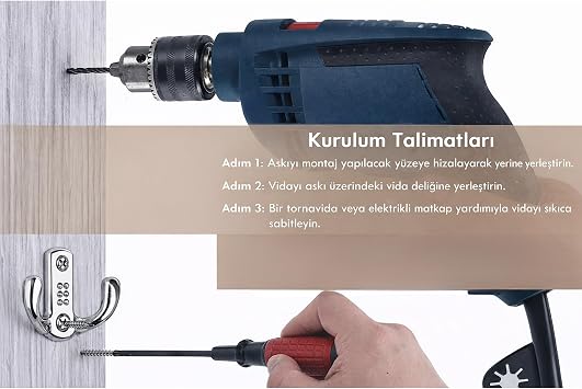 Çiftli Krom Metal Duvar Askısı, Vidalı, 7.5x5 cm, Elbise Çanta Havlu Askılığı, Portmanto Vestiyer, 10'lu Paket