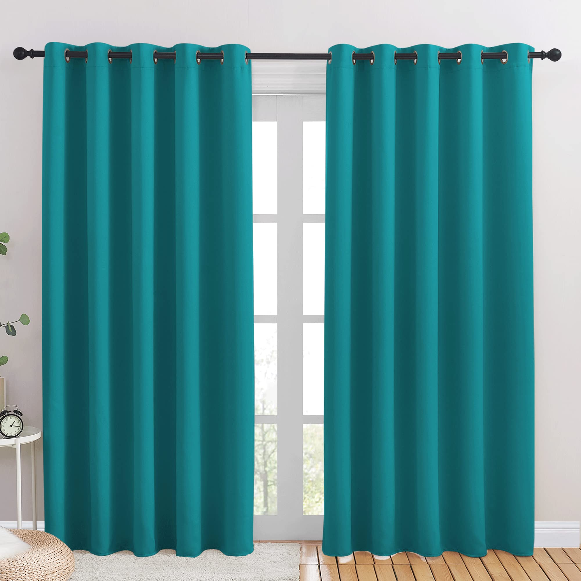 NICETOWN Blackout Draperies Curtains for Kids Room, Window Treatment Thermal Insulated Solid Grommet Blackout Drape Panels for Bedroom (Peacock Teal, Set of 2, 70 by 84 inches)