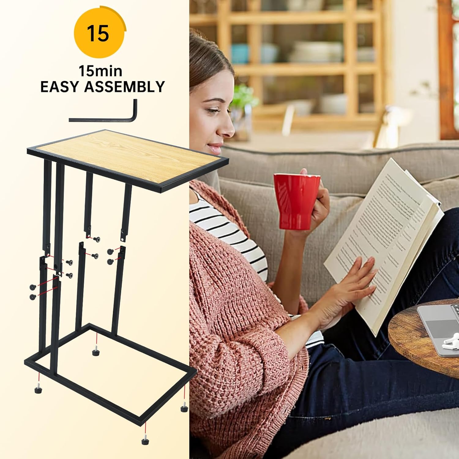 C Shaped End Table - Small Tv Tray Couch Side Table for Small Spaces,Living Room,Bed side,Slide Under Sofa Snack Table Desk for Eatting Dinner,Drink,Adjustable Metal Laptop Stand,Rustic 26'' Tall