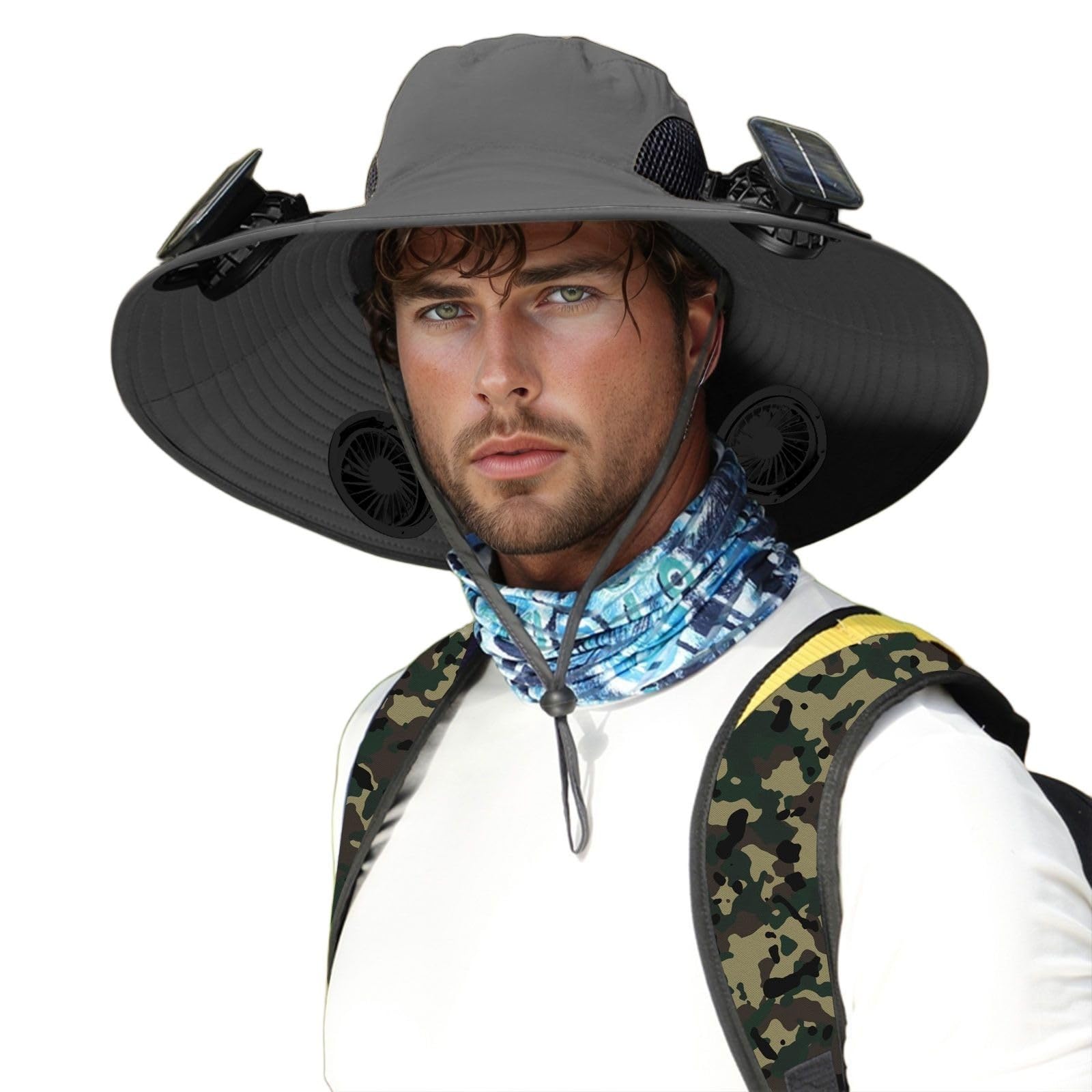 2026 Carga USB Ventilador de Carga Solar Extraíble Sombrero Integrado de Ala Grande Sombrero de Verano para Exteriores Sombrero de Senderismo y Pesca para Hombre (Versión con Tres Ventiladores) Ligero