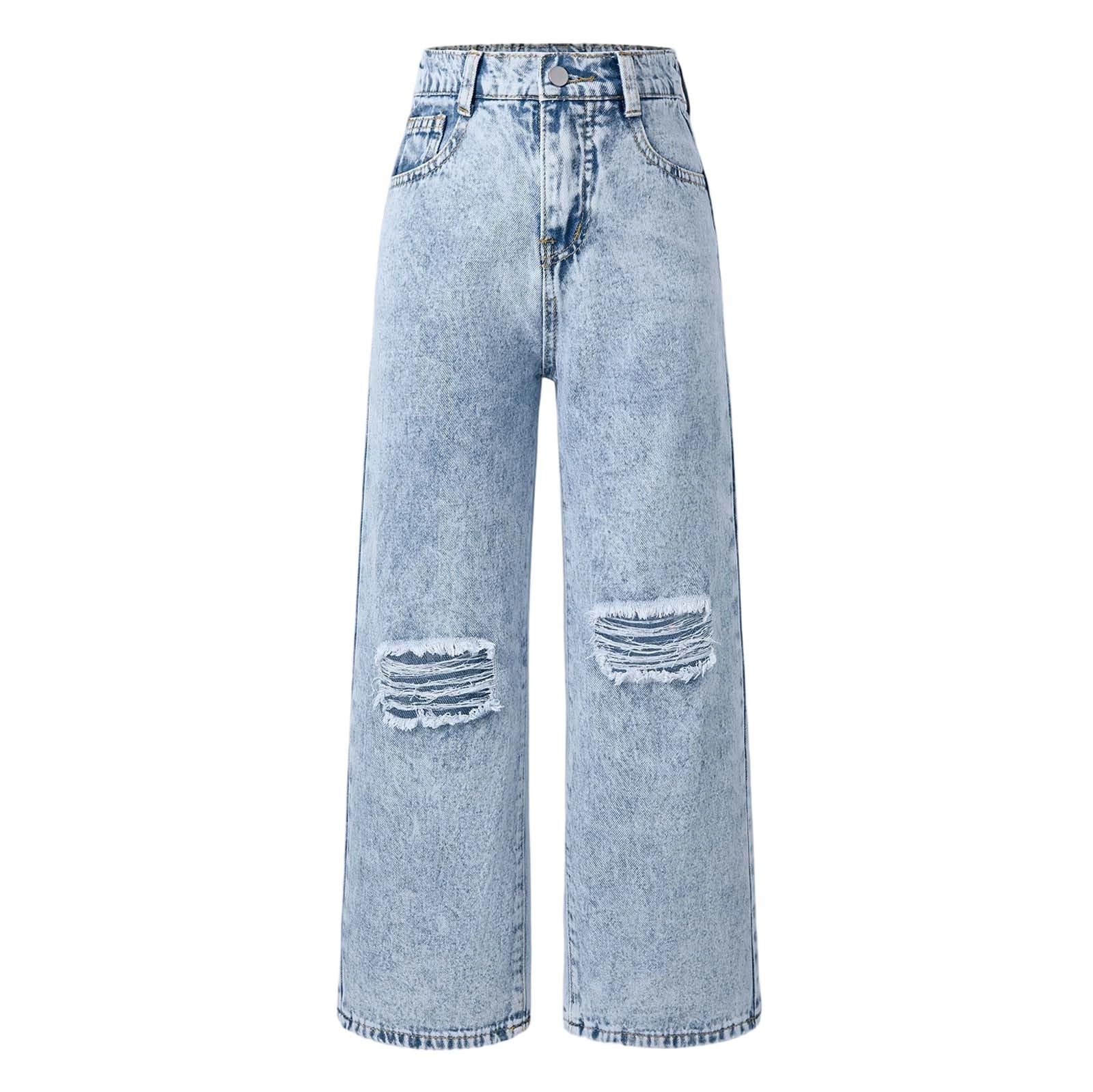 Jeans Larghi-Jeans A Gamba Larga Effetto Fiocco di Neve per Ragazze Adolescenti, Comodi Pantaloni in Denim Elasticizzato con Dettagli Strappati E vestibilità Svasata