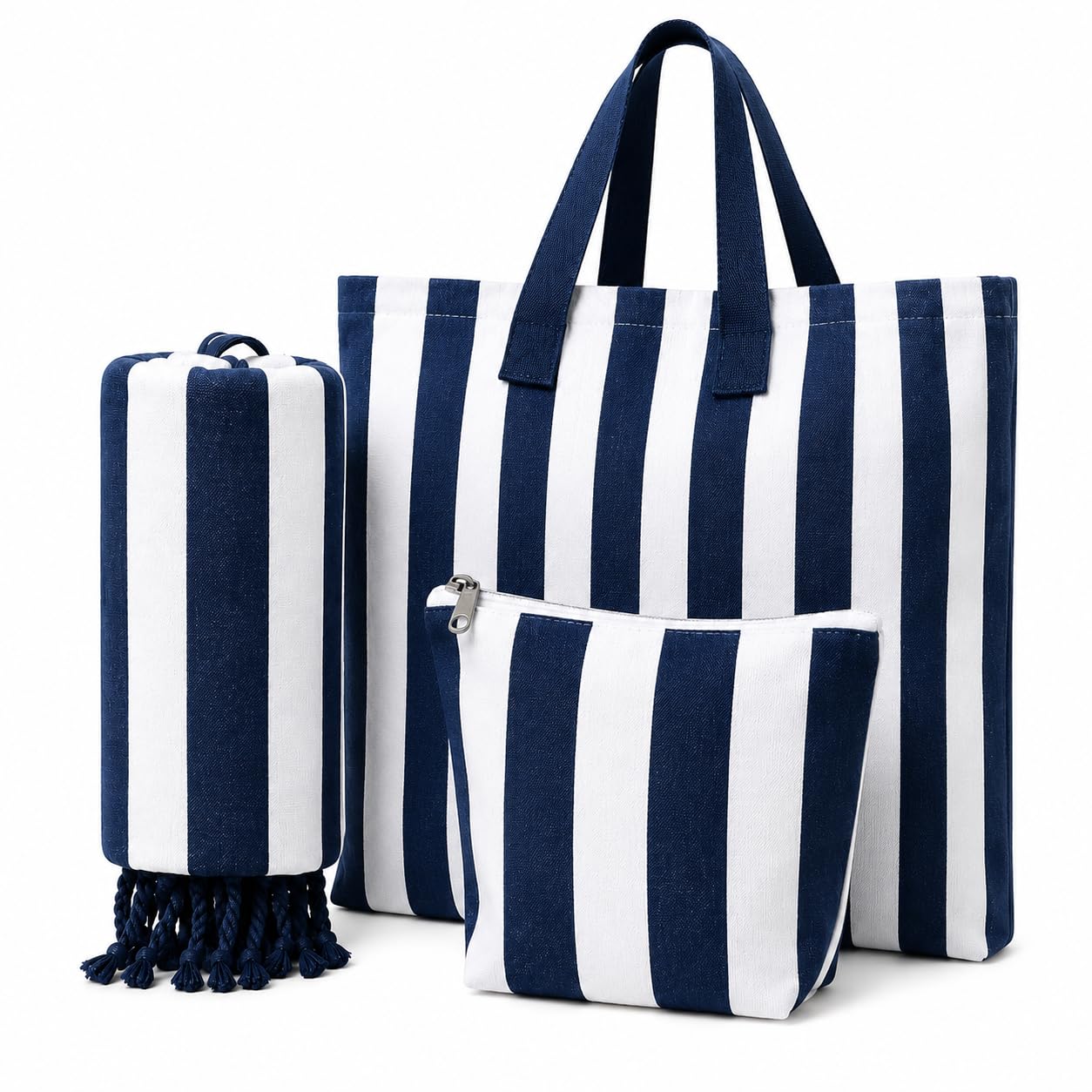 Set da spiaggia da donna, 3 pezzi, blu navy, grande borsa in cotone riciclato, pareo asciugamano 180 x 90 cm e trousse con cerniera, kit spiaggia, piscina, vacanze, regalo da donna