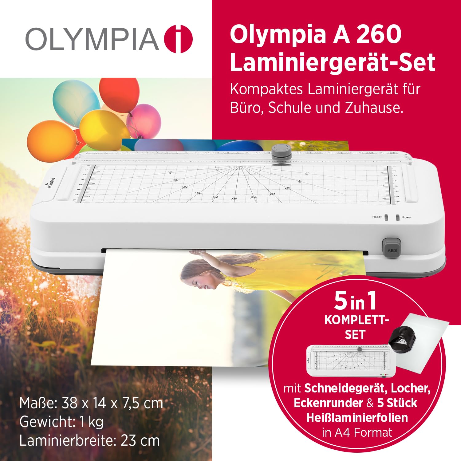 Olympia A260 COMBO Laminiergerät A4 – 4-in-1 Heißlaminator mit Schneidelineal, Locher, Eckenrunder + 5 Laminierfolien | Laminator für DIN A4 Folien 80–125 Micron, Anti-Block-System, Überhitzungsschutz