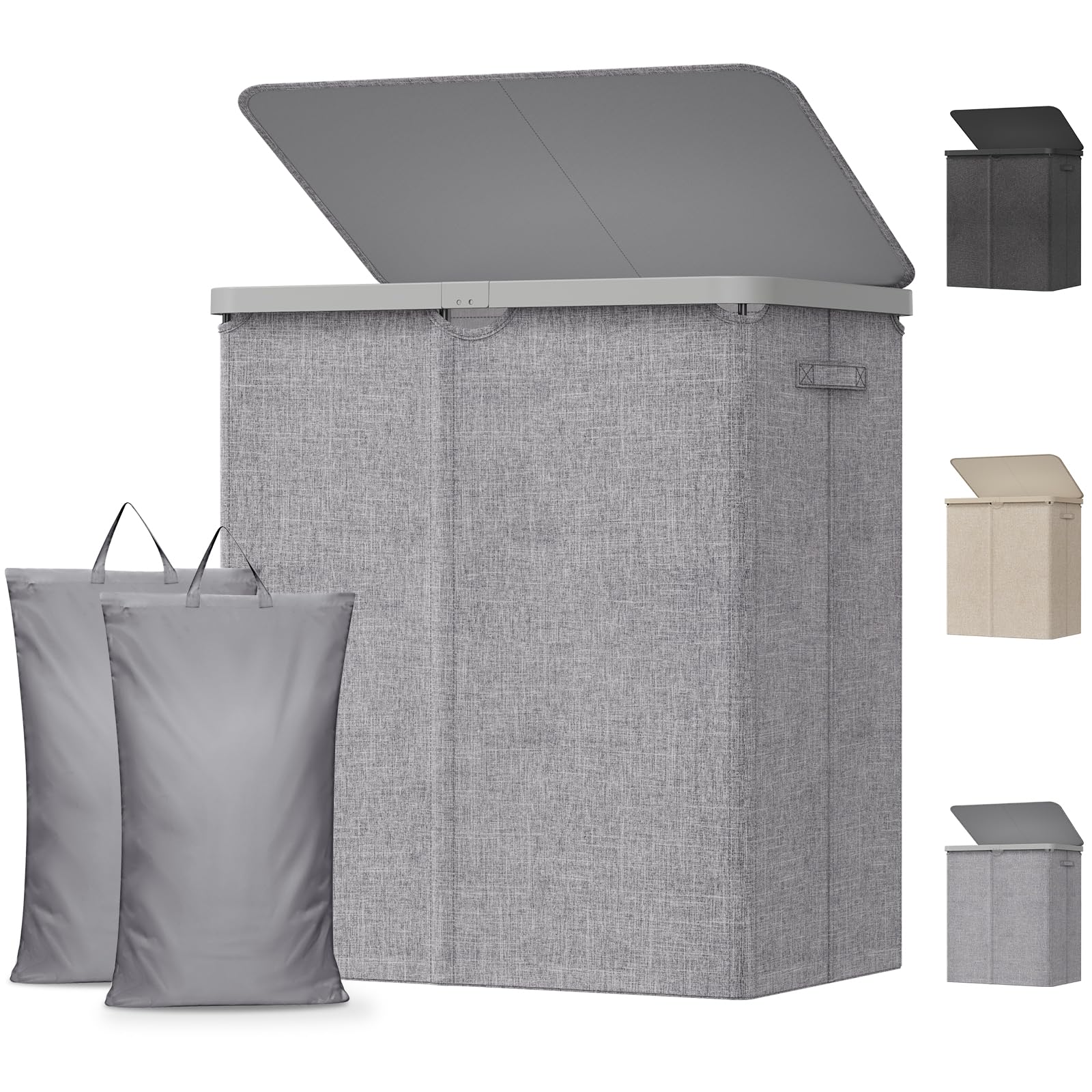 Lifewit 145L Laundry Basket with Lid, Double Washing Basket with Handles and Bag, Large Foldable Dirty Clothes Organiser with Plastic Frame for Laundry Room, Bedroom, Bathroom, Light Gray