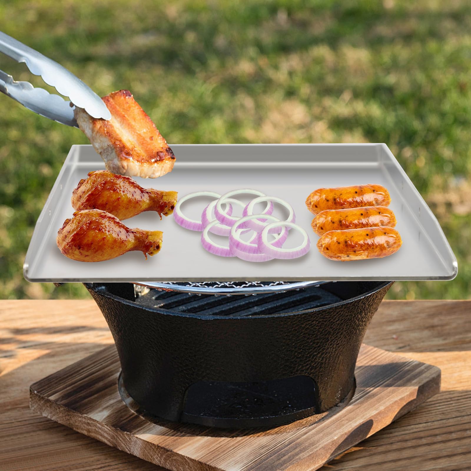 Grillplatte aus Edelstahl, Grill Plate Universal BBQ Grill Tray mit 2 Praktische Griffe, für den Einsatz beim Grillen Camping Wandern Party, Silber (49x32.5cm)