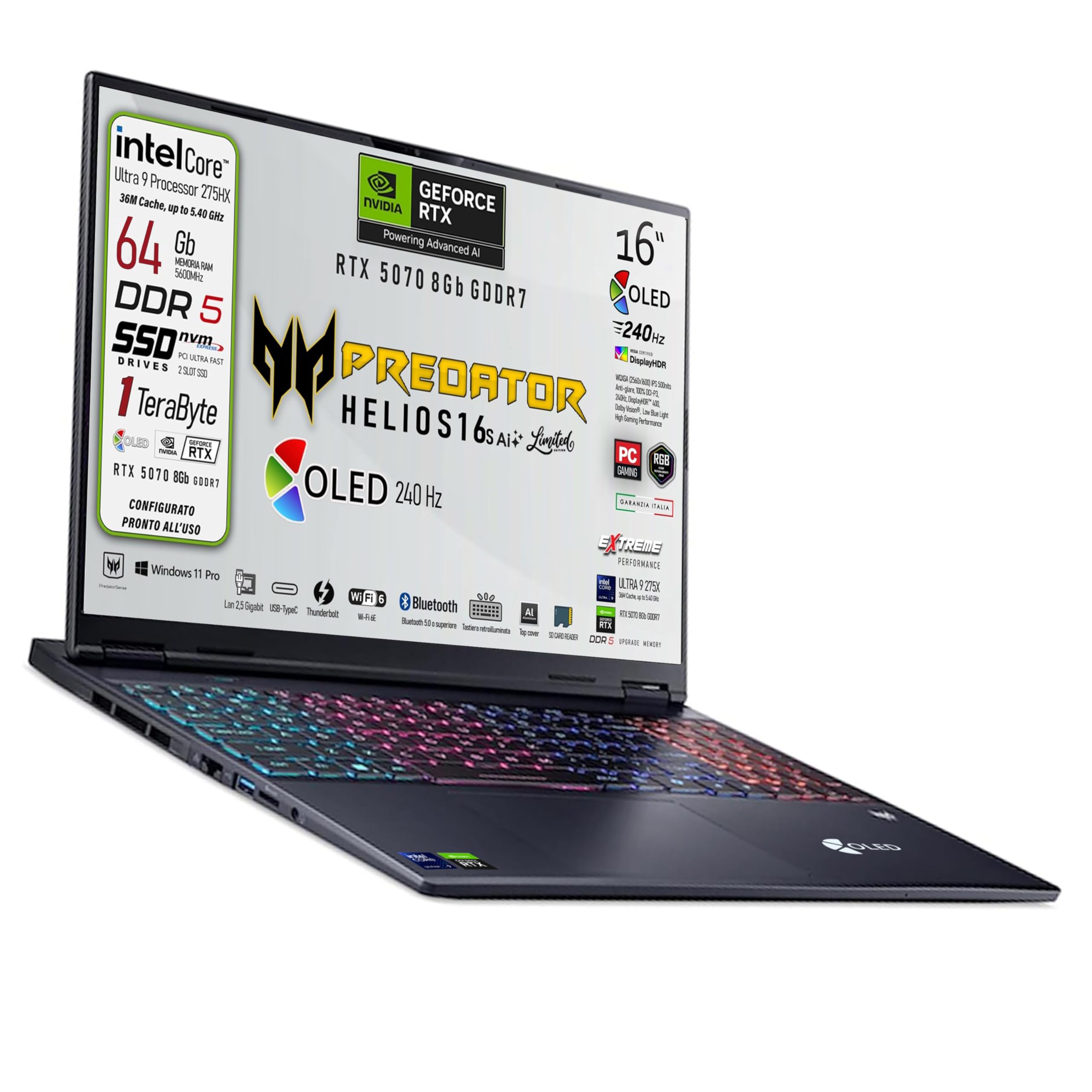 Acer Predator Helios Neo 16s Ai Notebook Gaming limited edition | Intel Ultra 9-275X 24core, RAM DDR5 64GB, SSD 1TB, Display 16" OLED 240Hz DCI-P3 100%, GeForce RTX 5070 8GB, Ready to Use