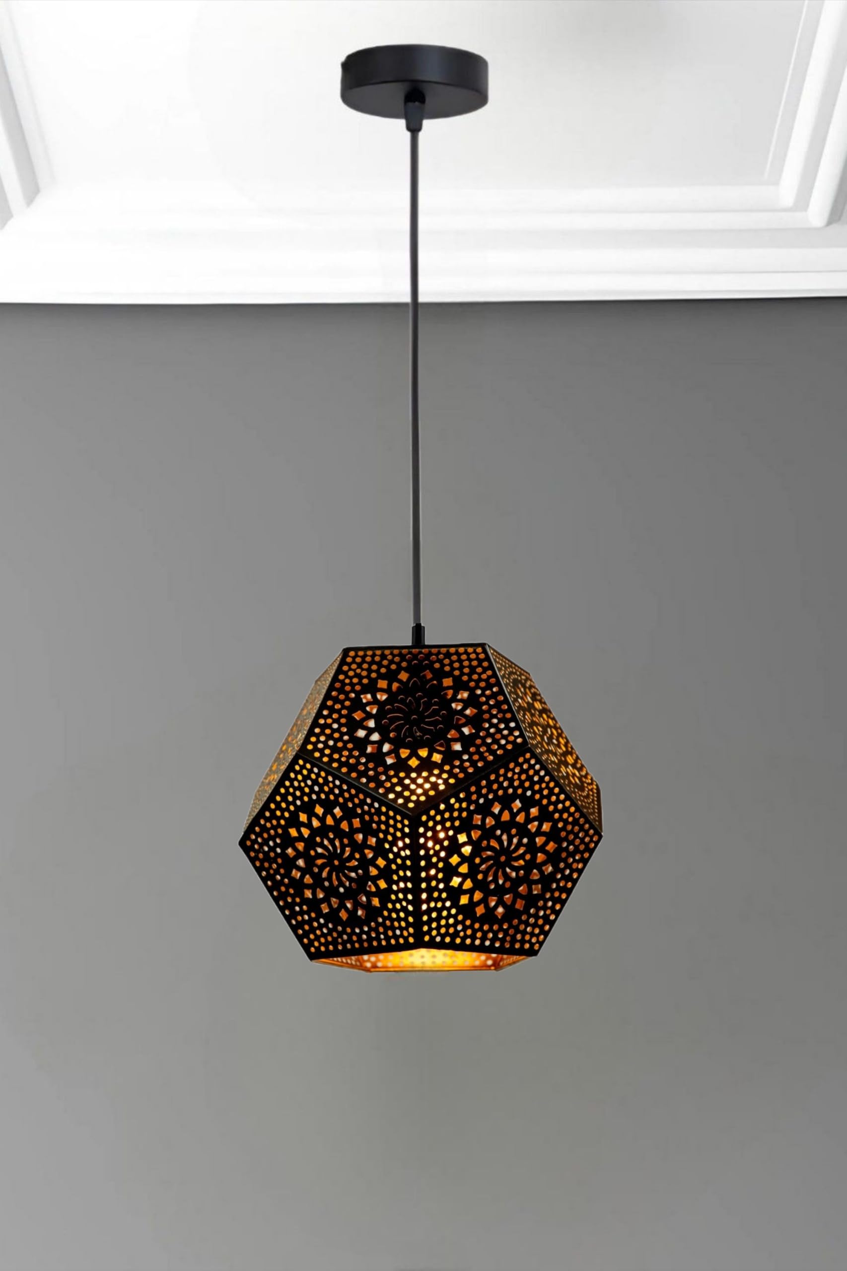 twixle Black Metal Laser Cutting Hexagonal Shaped Pendant Lamp, Hanging Ceiling Lamp for Living Room, Bedroom, Kitchen, Balcony, Restaurant/Cafe Hanging Light for Home Decor (with Bulb)-image-2