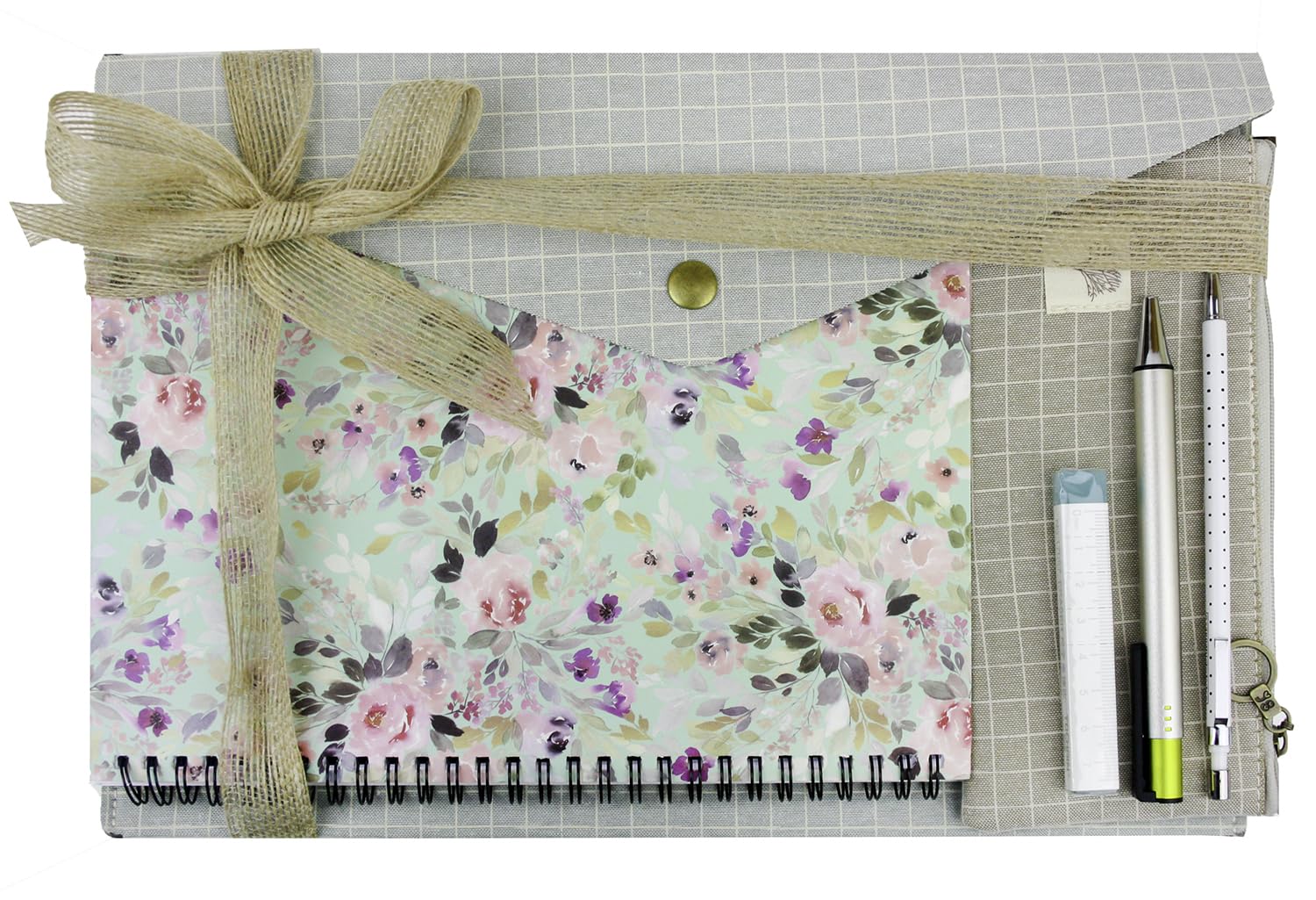 Emartbuy Stationery Gift Set for Girls Kids – Floral Notebook, Fabric Folder, Pencil Case, Ball Pen, Stickers – Birthday Christmas Back to School Gift