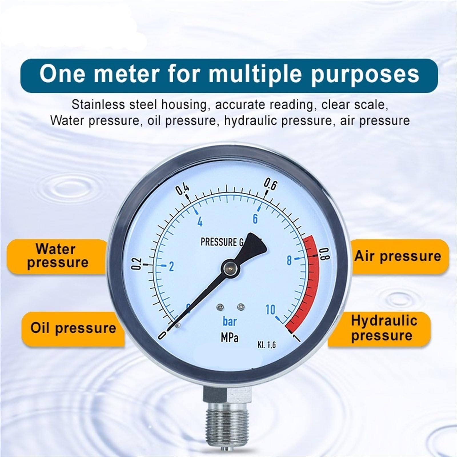 Manómetro hidráulico Radial de Agua de 0-60 MPa, de Acero Inoxidable con glicerina y antivibración, G 1/4 G 1/2, manómetro Digital (YN60BF-1/4, 0-16 MPa)