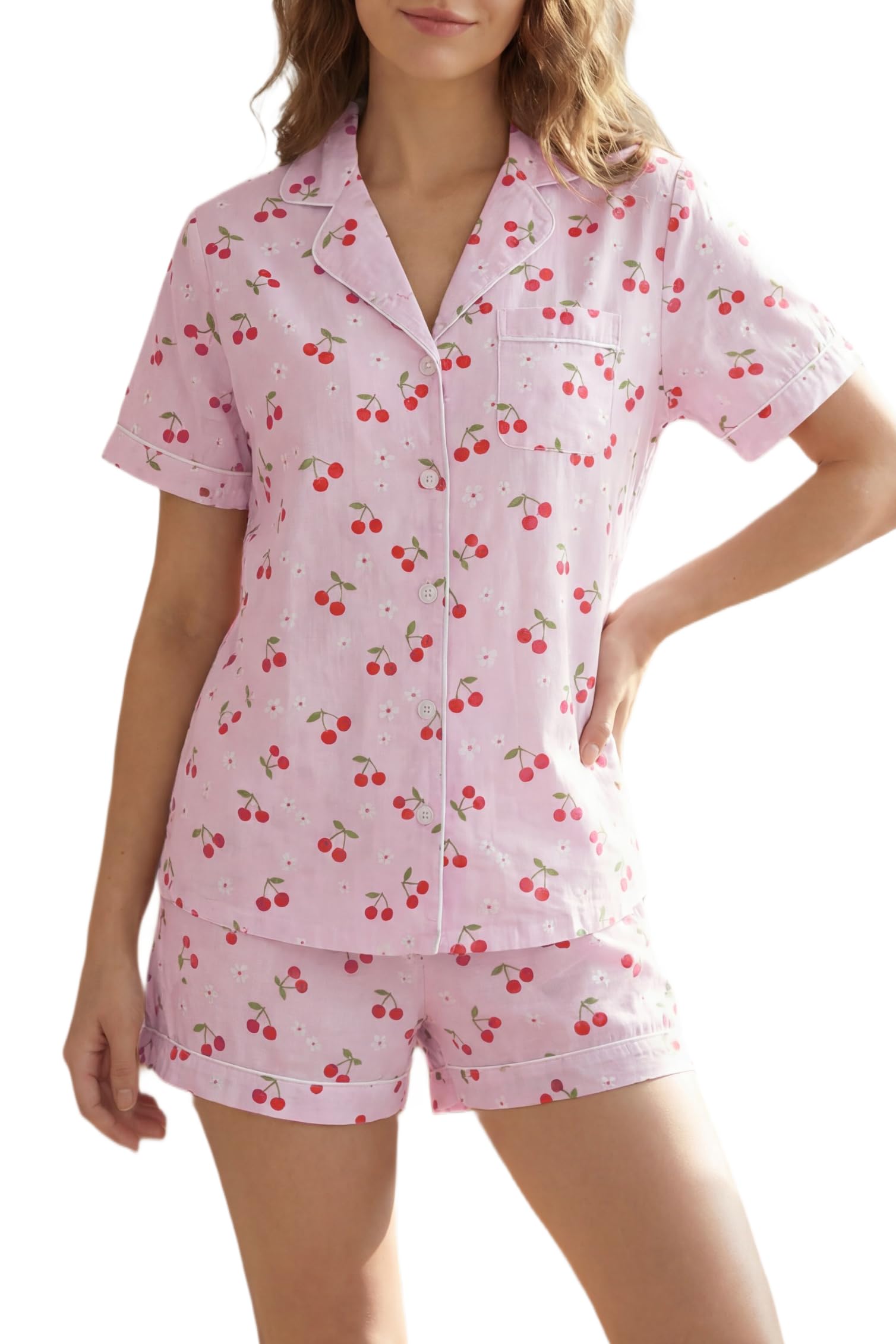 LUBOT 100% Cotton Pajamas for Women 2 Piece PJ Set Poplin Woven Lightweight Ladies Button Short Sleeve Sleepwear S-XXL