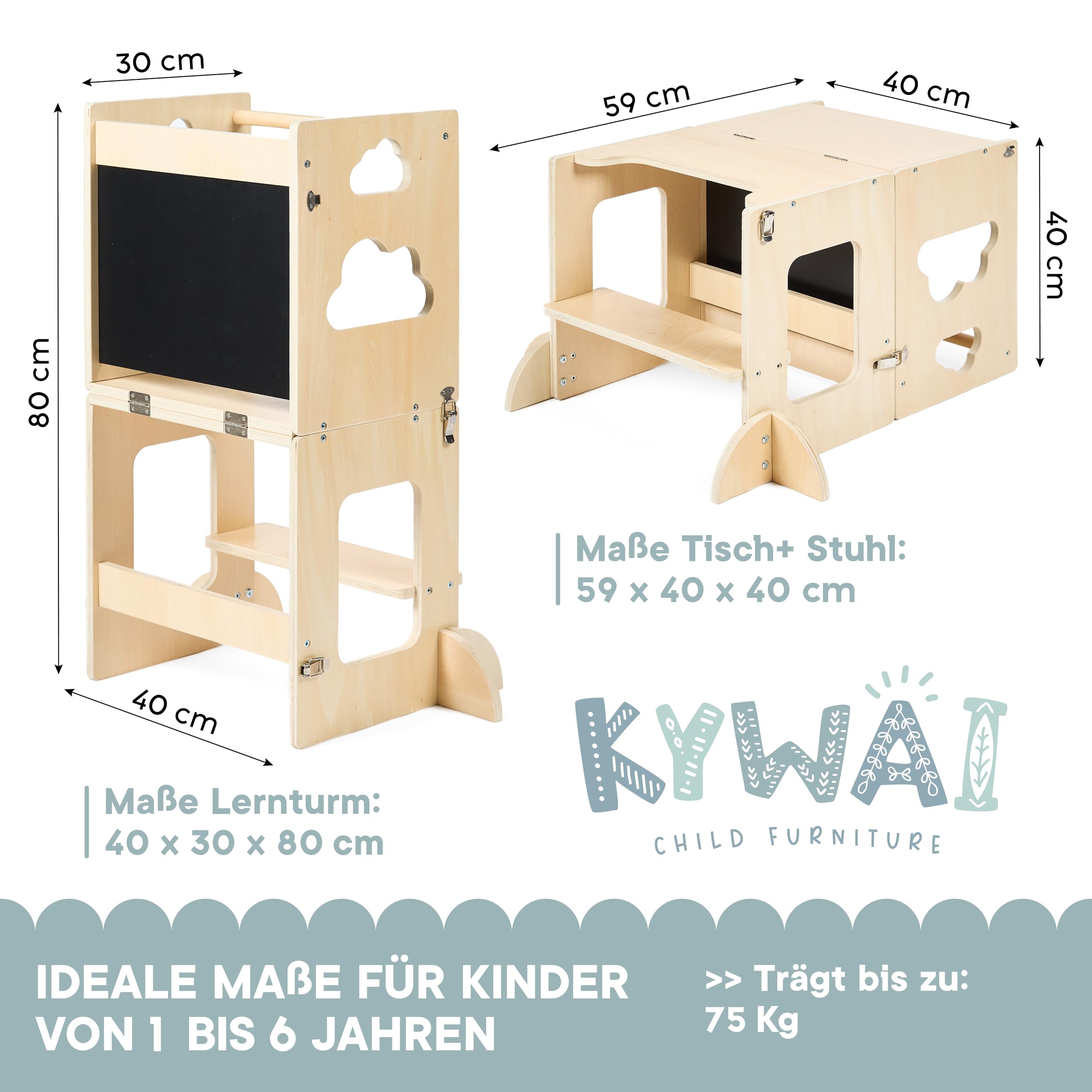 Lernturm ab 1 Jahr Klappbar mit Tafel – 3-in-1 Montessori Learning Tower, Tisch & Stuhl – Höhenverstellbar, Kippsicher, Birkensperrholz – Lernturm Kinder Küche bis 75 kg (Naturholz)