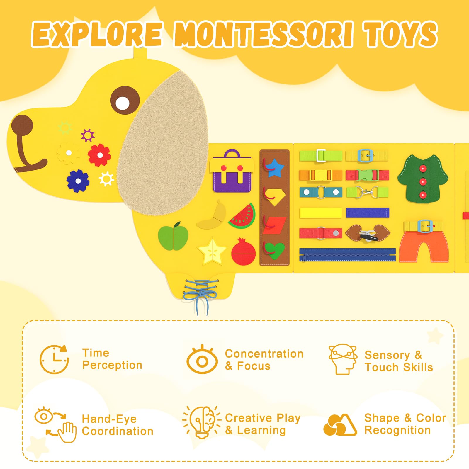 Giocattolo da parete per bambini, sensoriale Montessori Busy Board, cubo di attività in feltro per bambini, giocattolo sensoriale montato a parete, regalo per ragazzi e ragazze, 3-6 anni