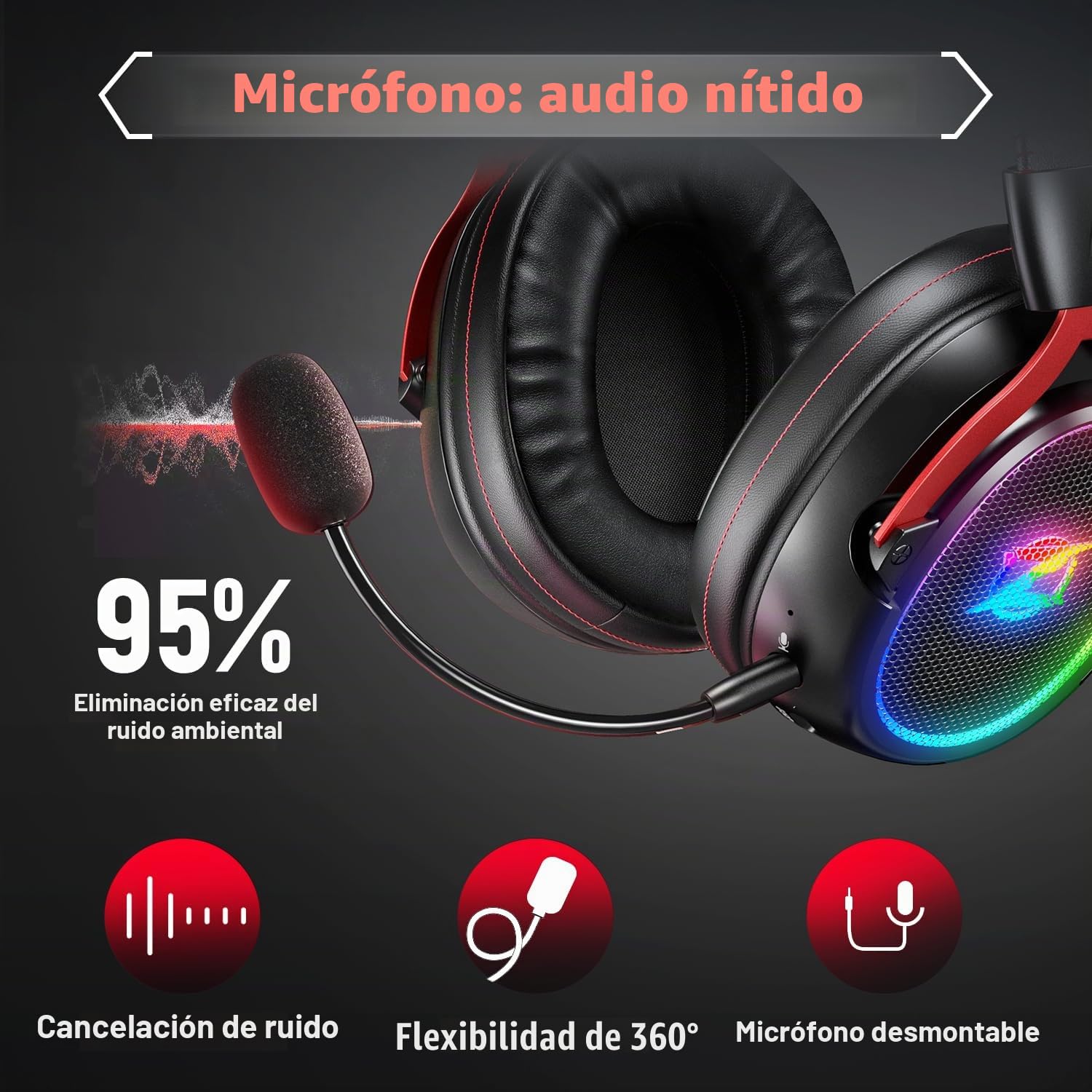 Ozeino Auriculares inalámbricos para Videojuegos de 2,4 GHz, Sonido Envolvente 7.1, micrófono Desmontable ENC con cancelación de Ruido, para PS4/PC/PS5 Auriculares con micrófono, Negro y Rojo