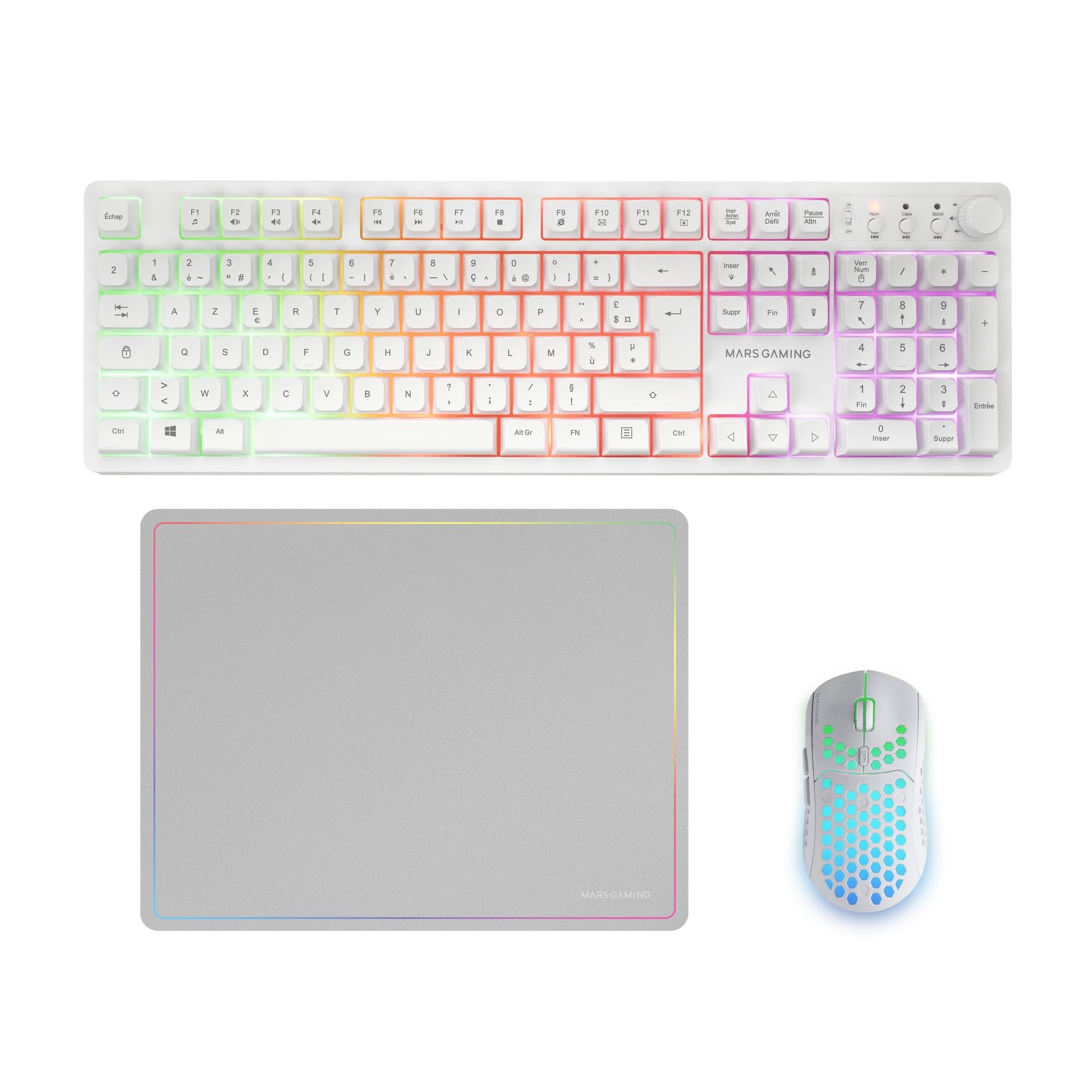 Mars Gaming MCPWX, Francés, Combo Gaming Inalámbrico, Tecnología DualPro Link 2.4GPRO, Teclado Completo FRGB con Control Multimedia + Ratón RGB 3200DPI + Alfombrilla Antideslizante 360x260mm, Blanco