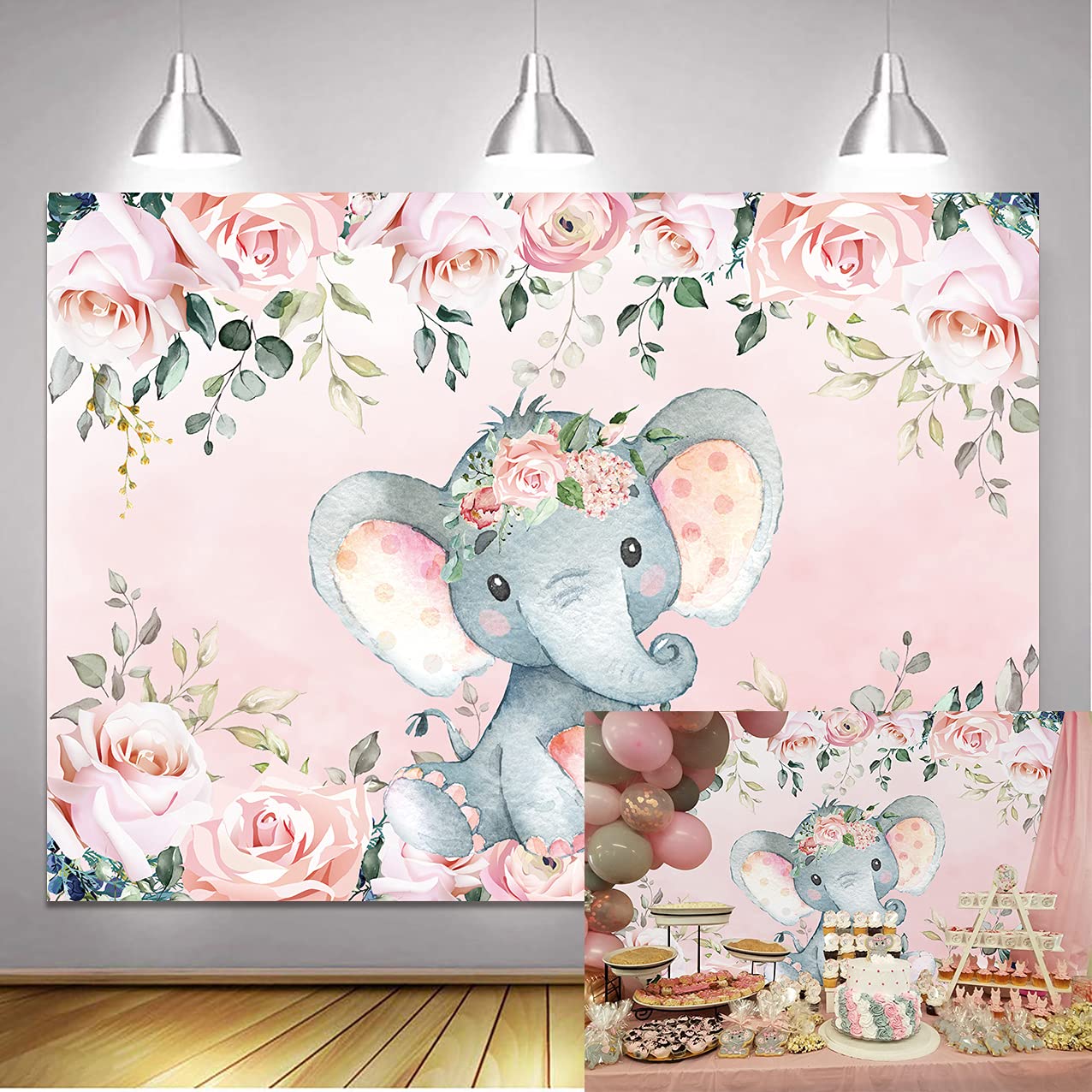 BINQOO 7x5ft Cute Baby Elephant Backdrop for Baby Shower Pink Floral It's a Girl Newborn Kids Party Photography Background Infant Girls Child Birthday