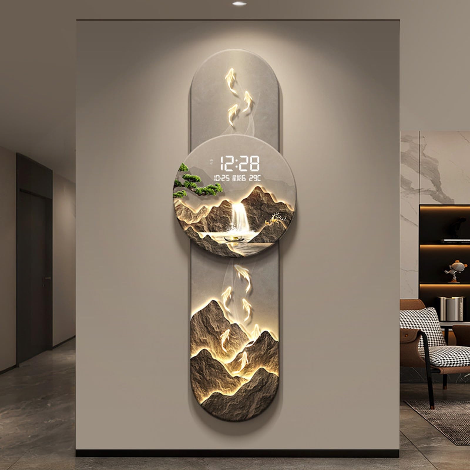 ITOSUI Multifunctional 3D Wall Clock with LED Light,Entryway Decorative Creative Wall Hanging Painting Modern Art,Silent Non Ticking,for Living Room Bedroom Dining Room(Gray B,15.7 * 47.2")