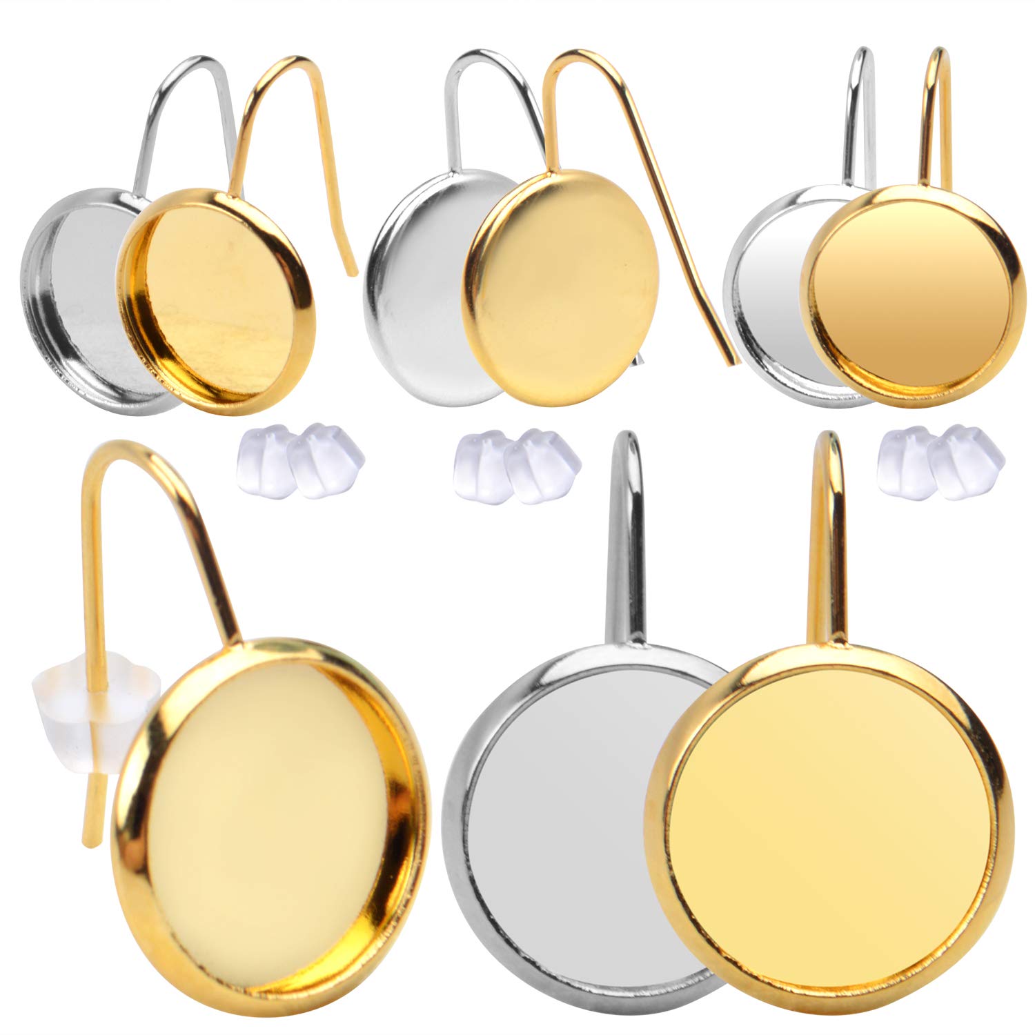 Cabochon Earring Setting, 20 Pieces Stainless Steel 12mm Cabochon Earrings Hook and 20 Pieces Silicone Earring Back for Jewelry Making, Silver and Gold