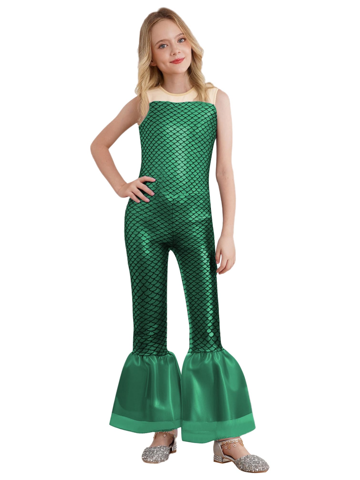 TiaoBug Mono De Sirena Sin Mangas Para Niña Con Estampado De Escamas De Pez Traje De Cuerpo Entero Con Pantalones Acampanados Jumpsuit Danza