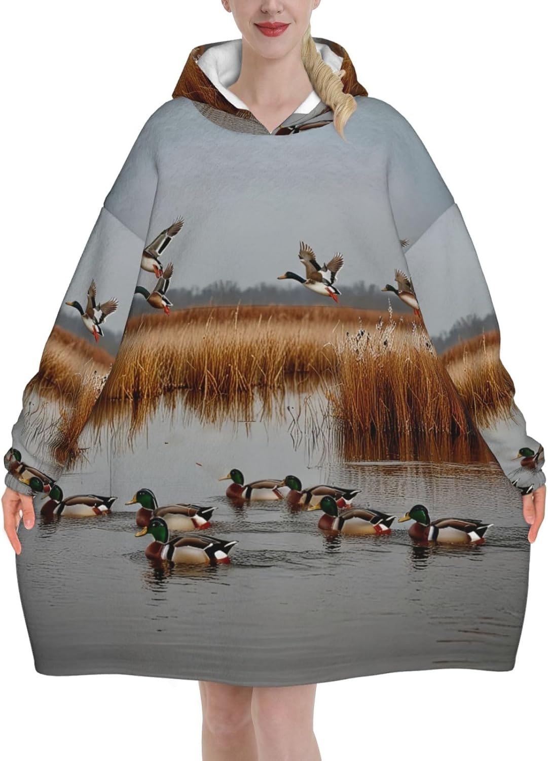 Hunting Mallard Ducks Print Blanket Hoodie Fleece Sweatshirt Blanket With Sleeves And Pockets
