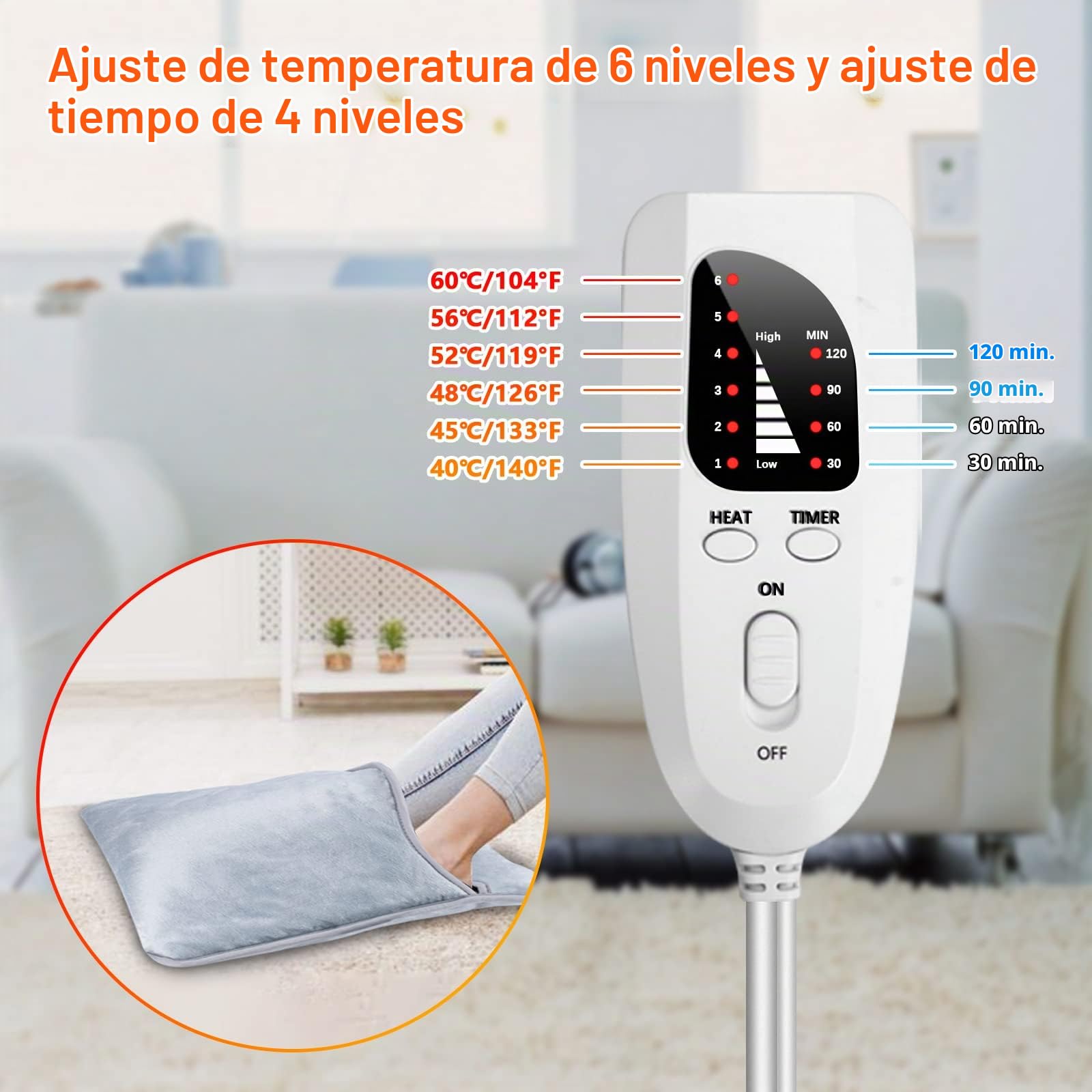 Qoosea Calentador de Pies Eléctrico Calentador Eléctrico de Doble Capa Almohadilla de Calentamiento Rápido con 6 Niveles de Calor 4 Temporizadores Apagado Automático Cojín Térmico Lavable