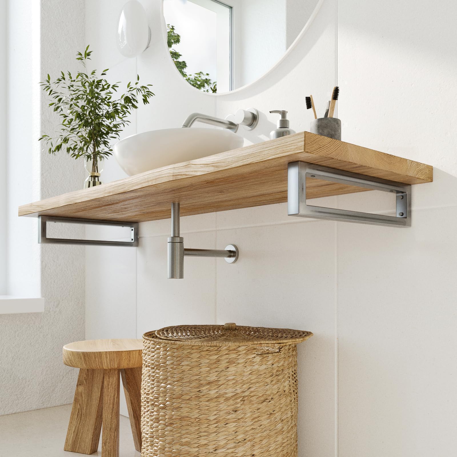 HEVVA RHEIN Soporte de lavabo de 10 cm de alto, 20/25/30/35/40/45/50 cm | Soporte para lavabo de pared o encimera | (juego de 2 unidades, barniz transparente, 35 cm)