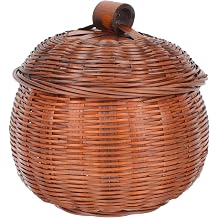 PATKAW Rattan Storage Basket Pumpkin Shape Round Rattan Boxes with Lid Wicker Egg Basket Desktop Organizer Bin Caddy Container for Food Bread Snack Fruit