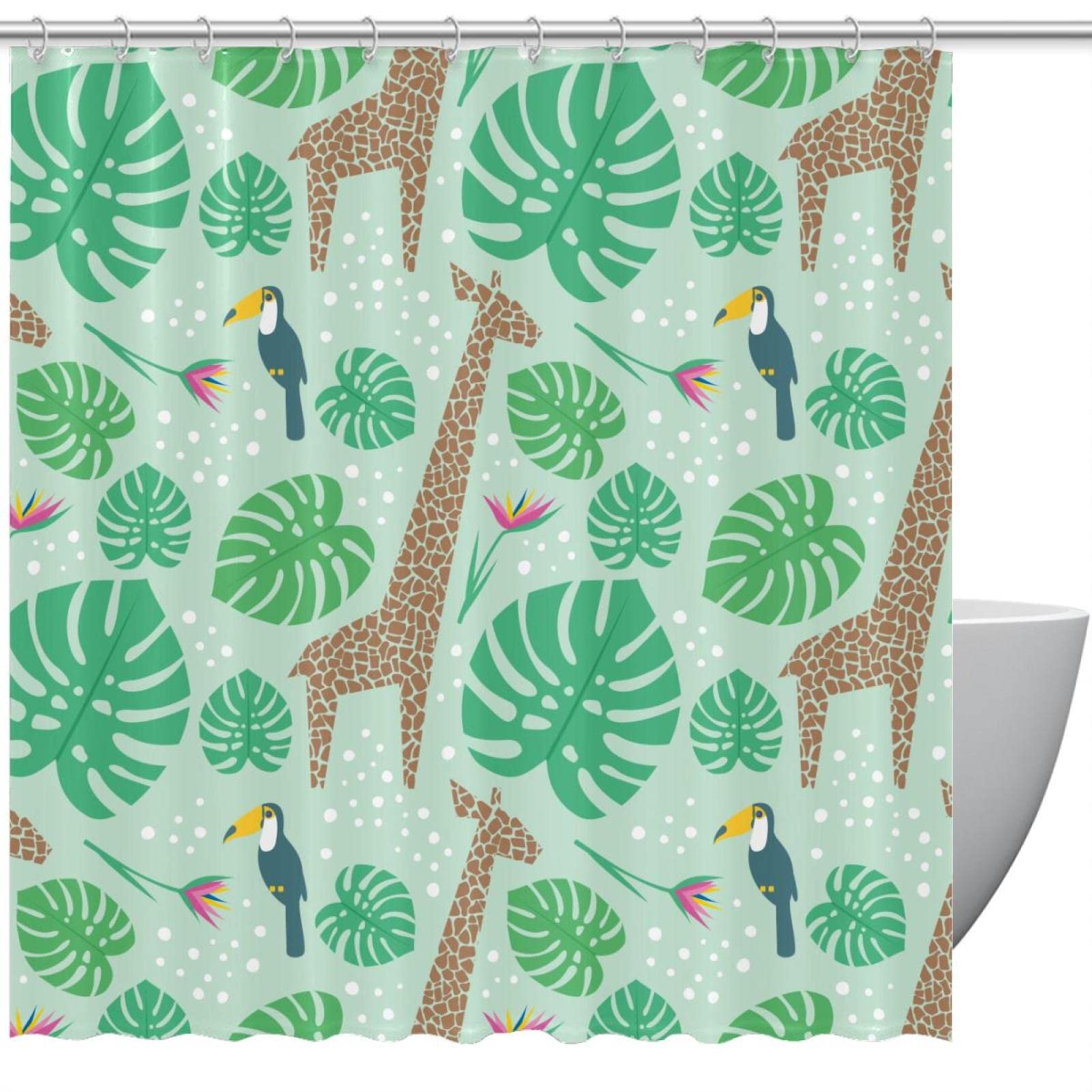 Rideau de douche vert girafe 168x183cm imperméable avec ses 12 crochets de fixation