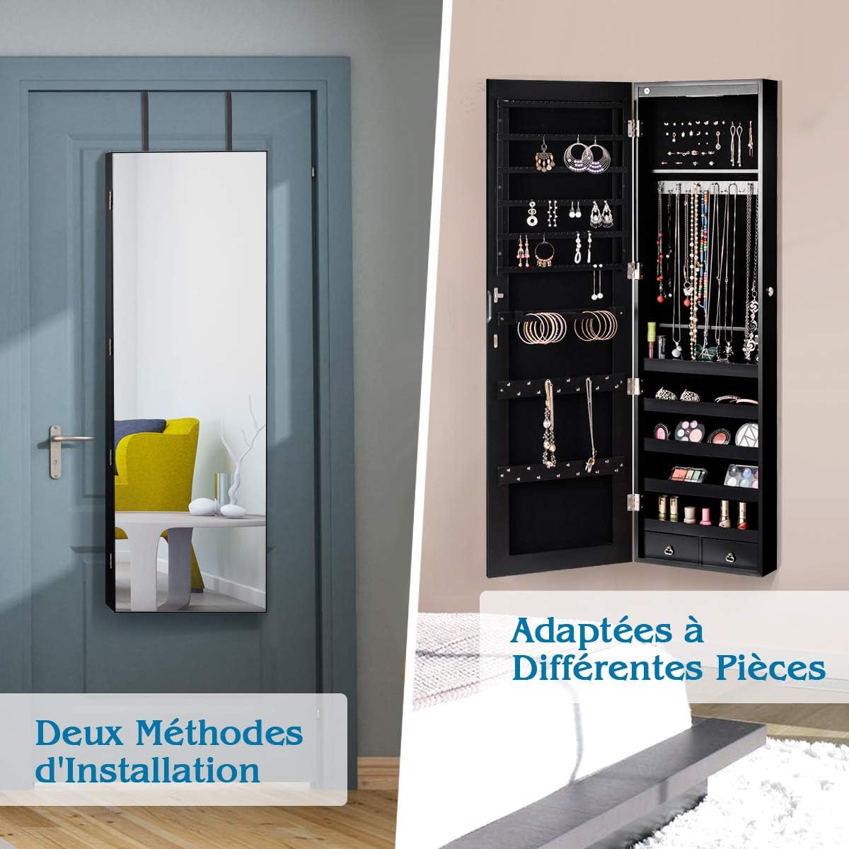 DORTALA Door/Wall Mount Jewelry Armoire with 2 Led Lights, Lockable Jewelry Cabinet Organizer with 2 Drawers 6 Shelves, Armoire Full Length Mirror Organizer for Earrings, Necklaces, Bracelets, Black