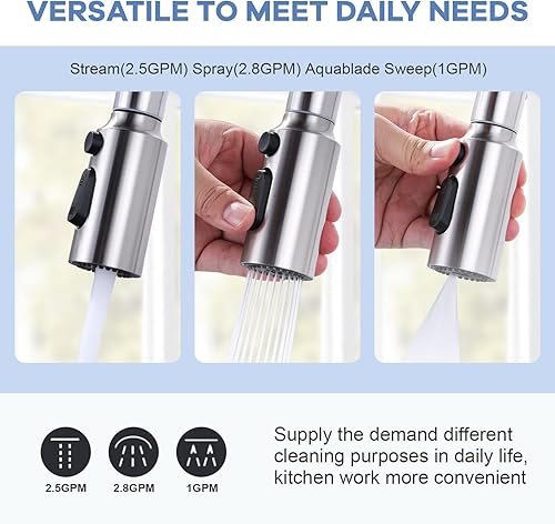 Miniatura 4 de iVIGA Cabezal de Rociador de Grifo Extraíble de Reemplazo, Níquel Cepillado Boquilla de Pulverización Extraíble de 3 Funciones con 9 Adaptadores